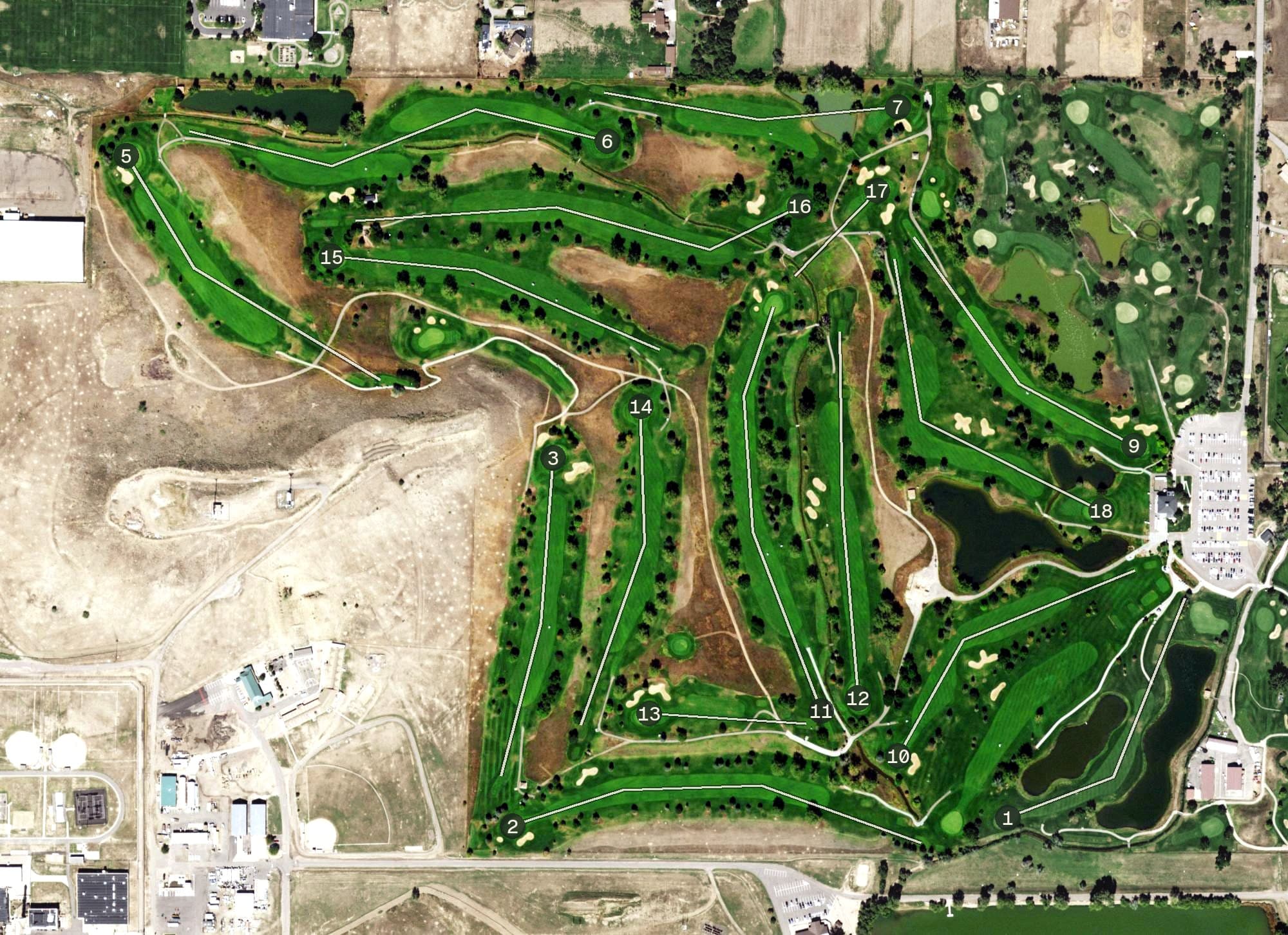 Aerial view of Foothills Championship Course, CO, with its hole routing marked