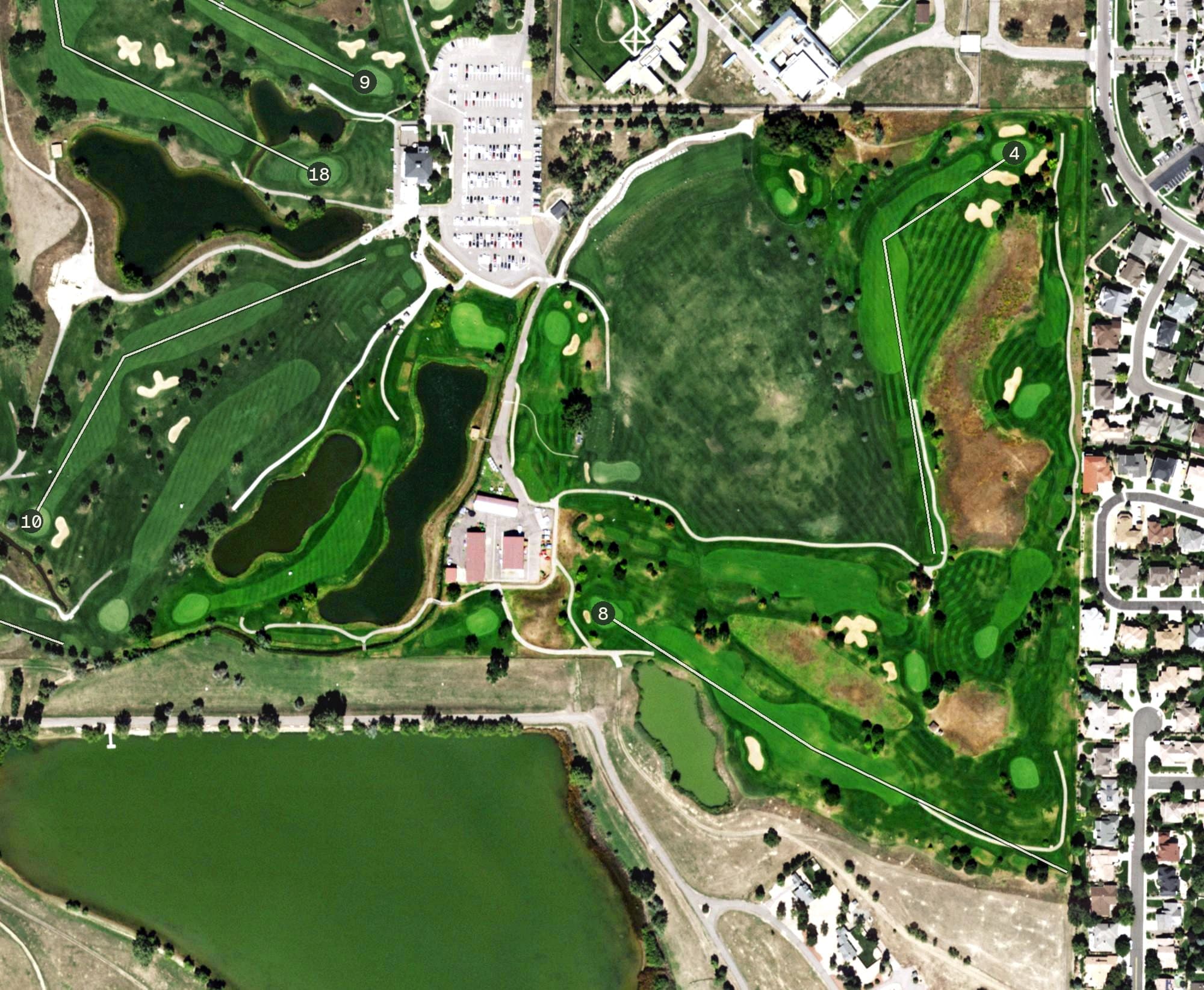 Aerial view of Foothills Executive, CO, with its hole routing marked