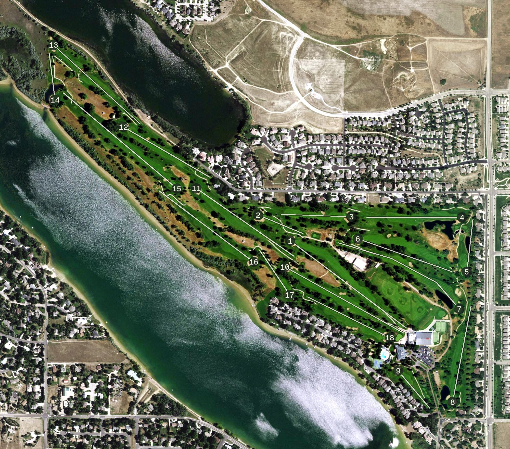 Aerial view of Fort Collins Country Club, CO, with its hole routing marked