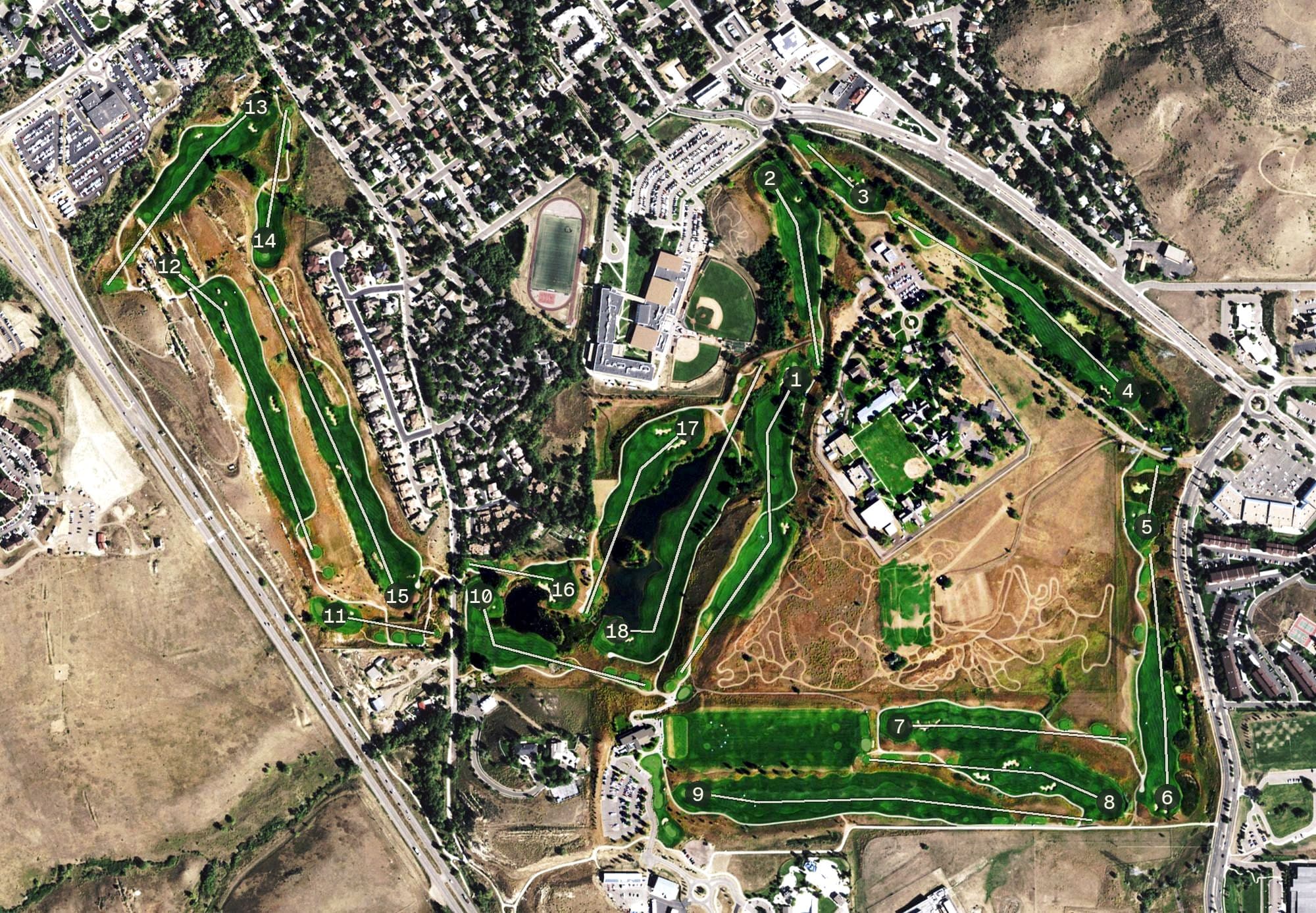 Aerial view of Fossil Trace Golf Club, CO, with its hole routing marked
