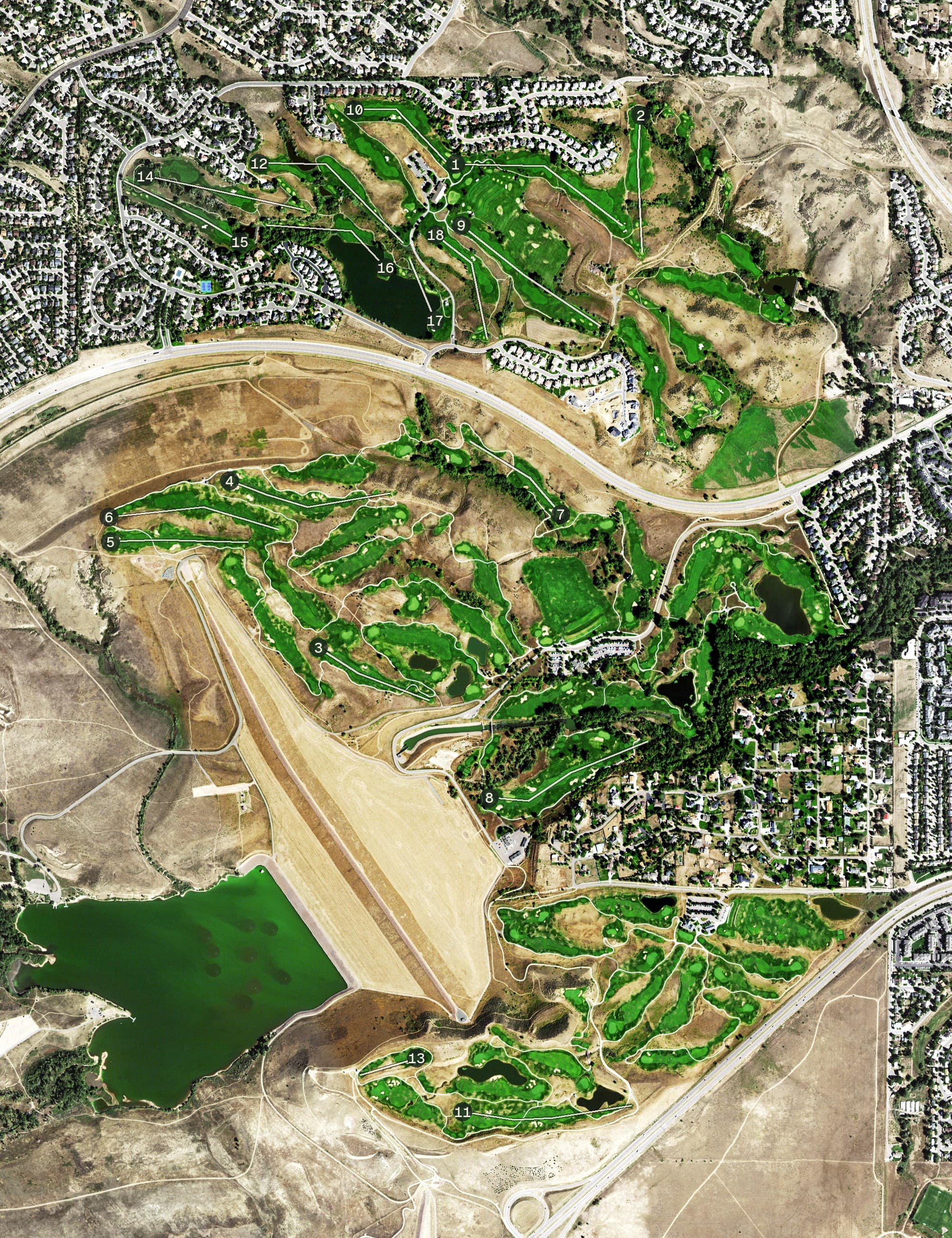 Aerial view of Fox Hollow Golf Course, CO, with its hole routing marked