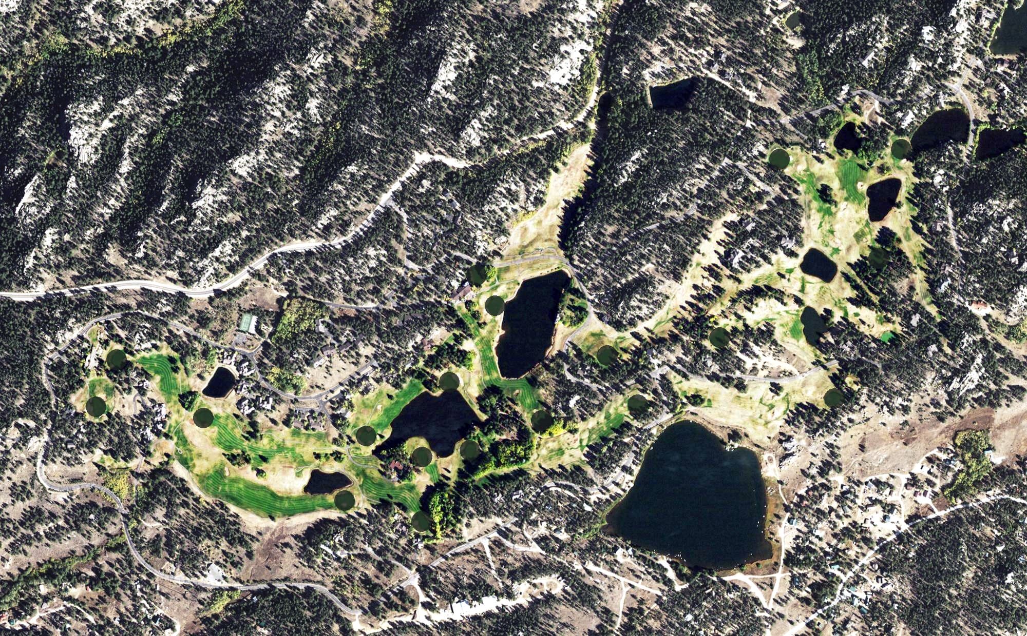 Aerial view of Golf Club at Fox Acres, CO, with its hole routing marked