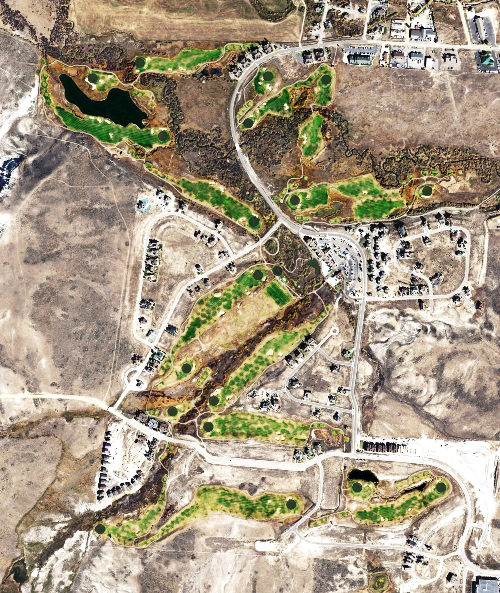 Aerial view of Grand Elk Golf Club, CO, with its hole routing marked