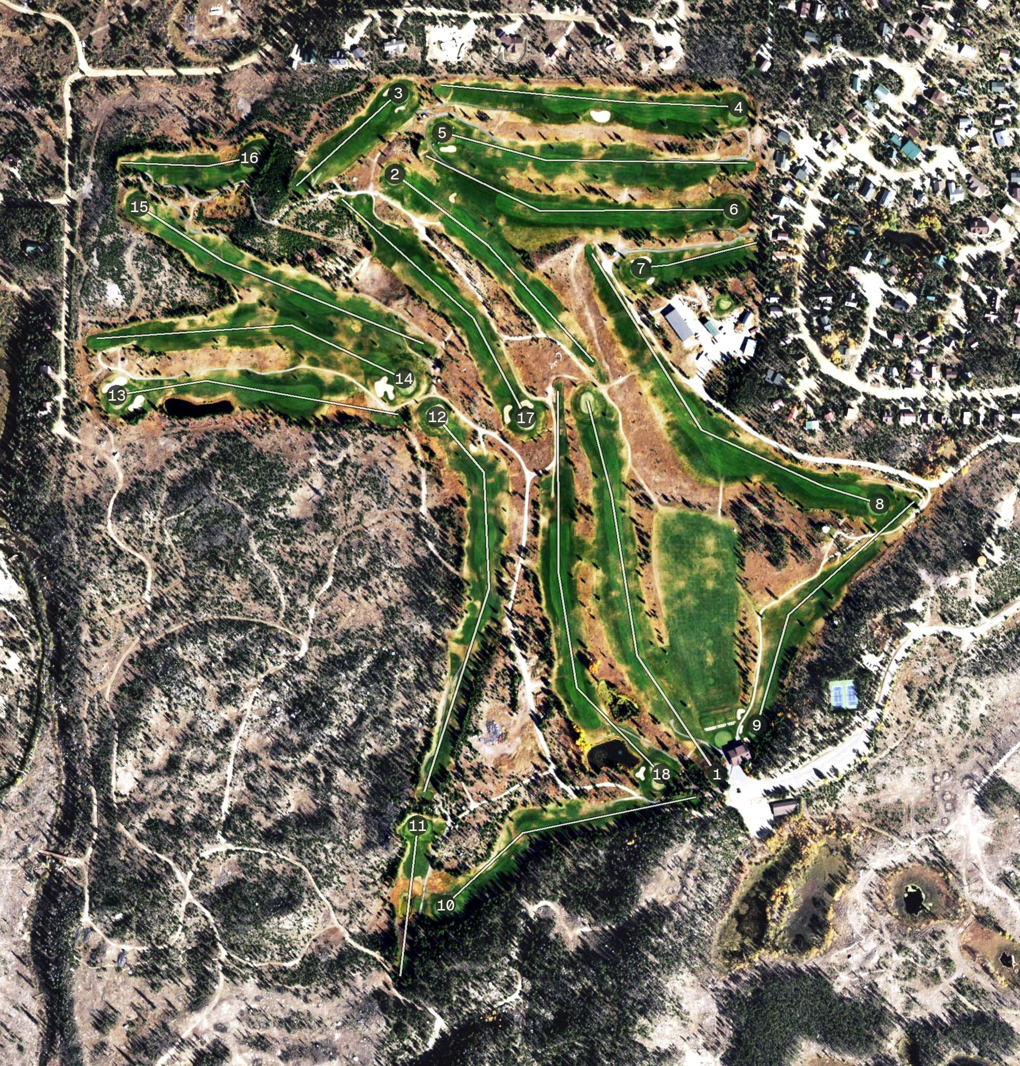 Aerial view of Grand Lake Golf Course, CO, with its hole routing marked