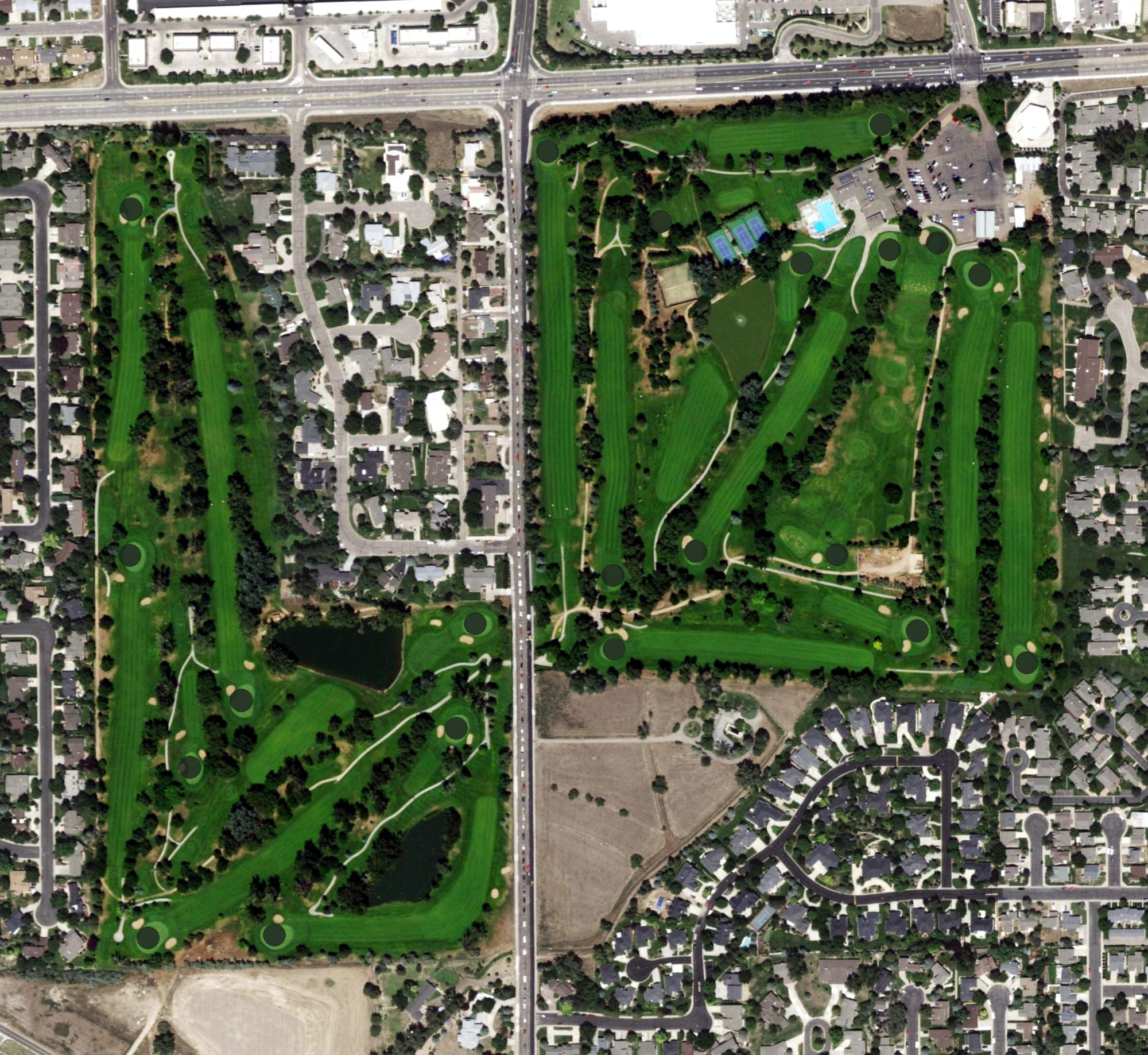 Aerial view of Greeley Country Club, CO, with its hole routing marked