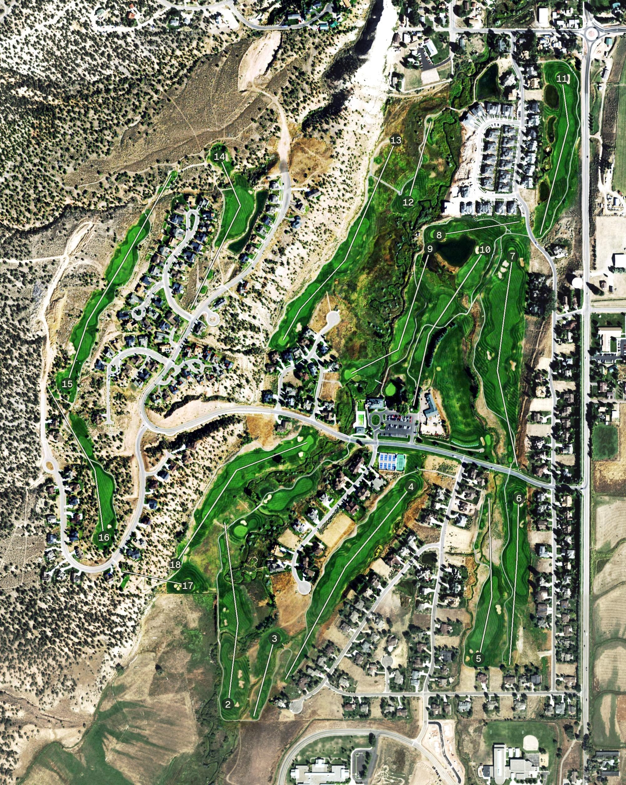 Aerial view of Gypsum Creek Golf Club, CO, with its hole routing marked