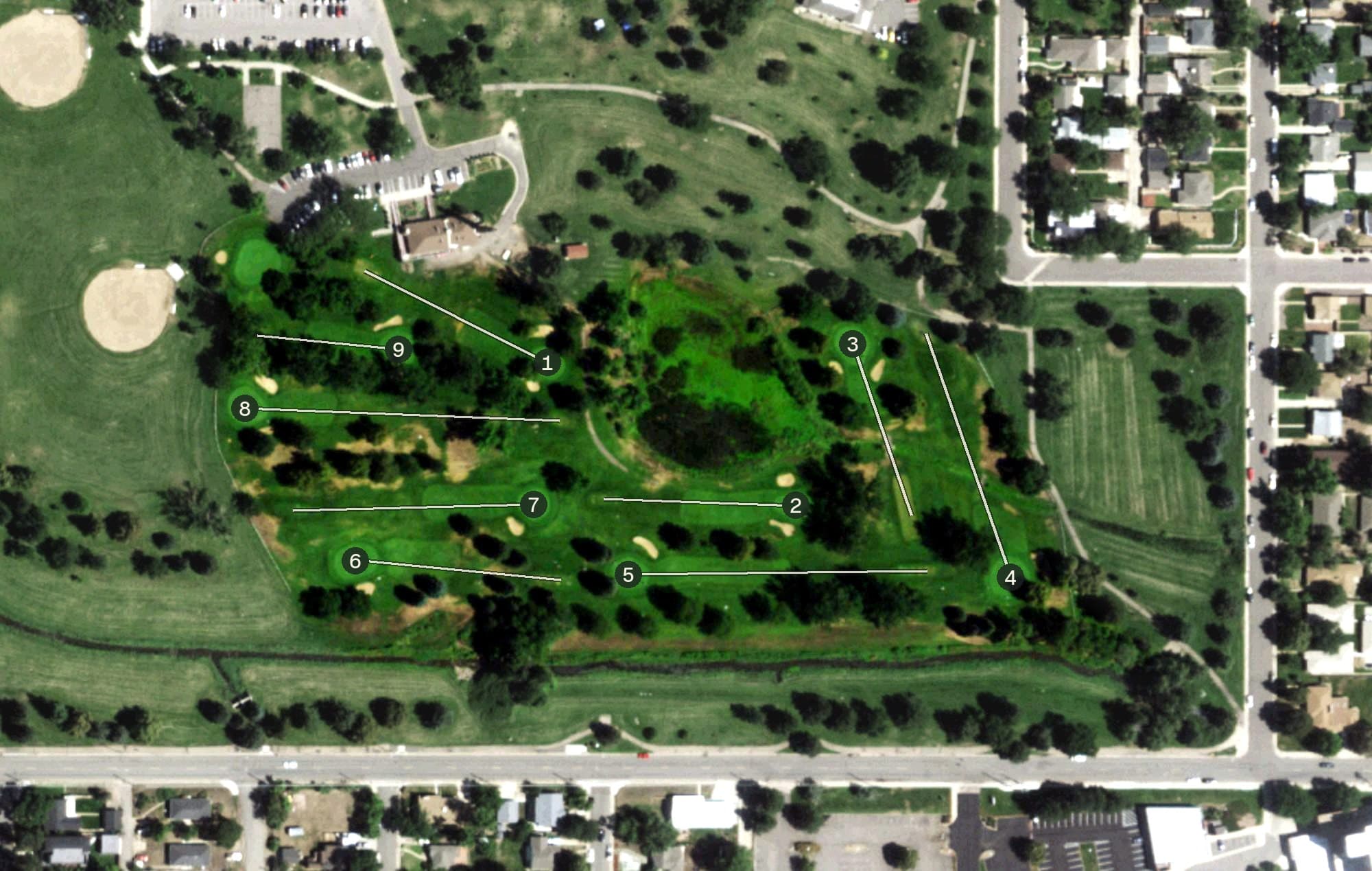 Aerial view of Harvard Gulch Golf Course, CO, with its hole routing marked