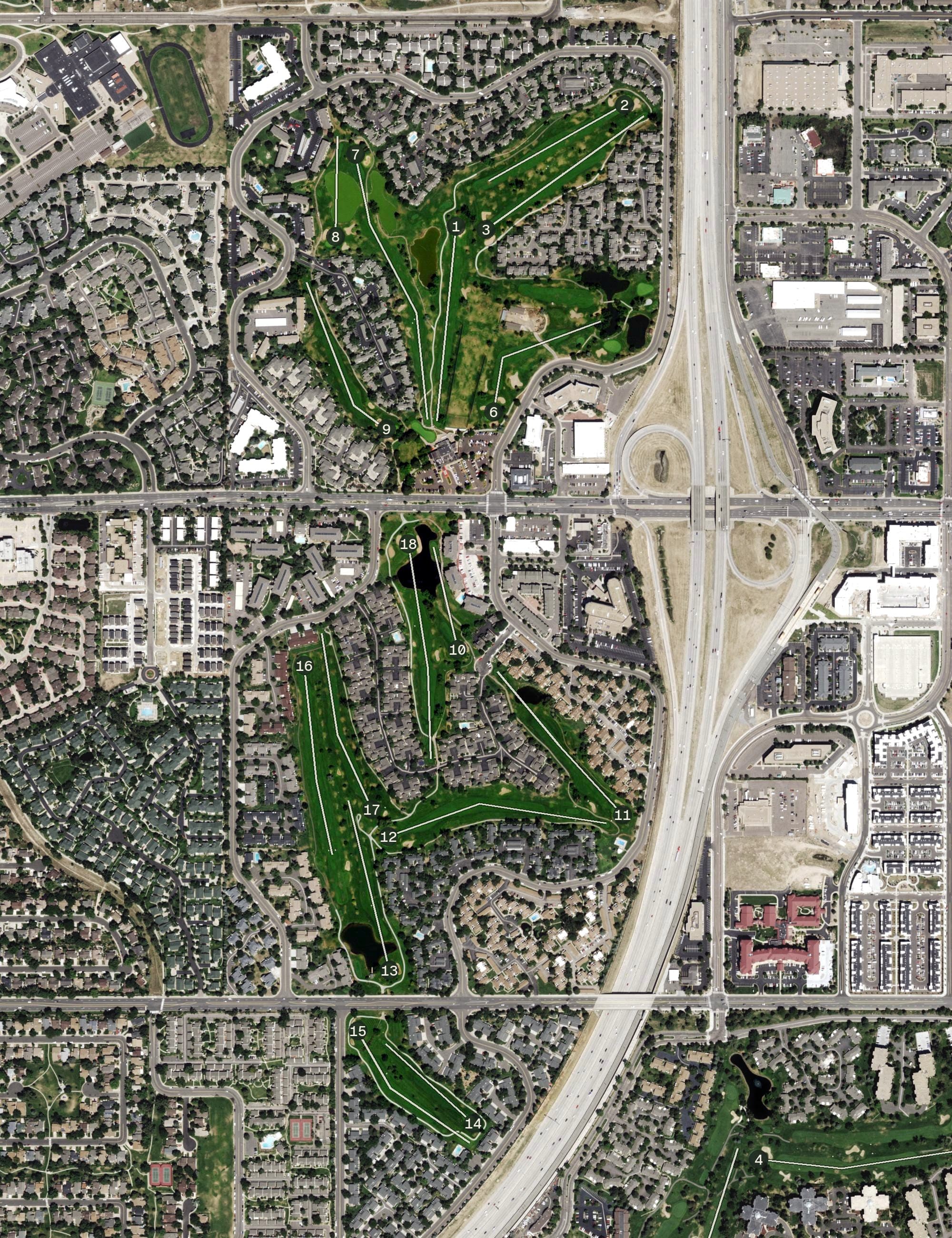 Aerial view of Heather Ridge Golf Club, CO, with its hole routing marked