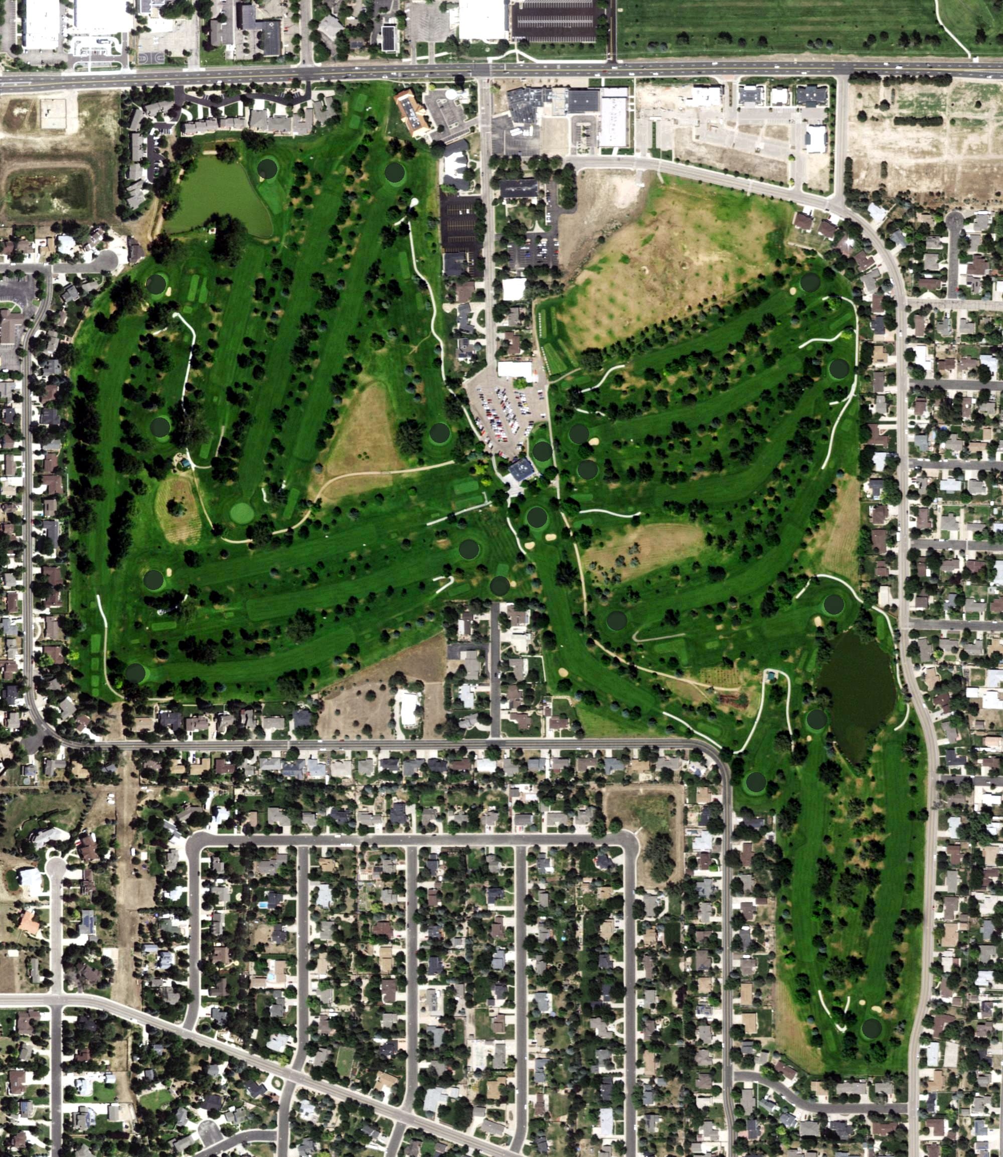 Aerial view of Highland Hills Golf Course, CO, with its hole routing marked