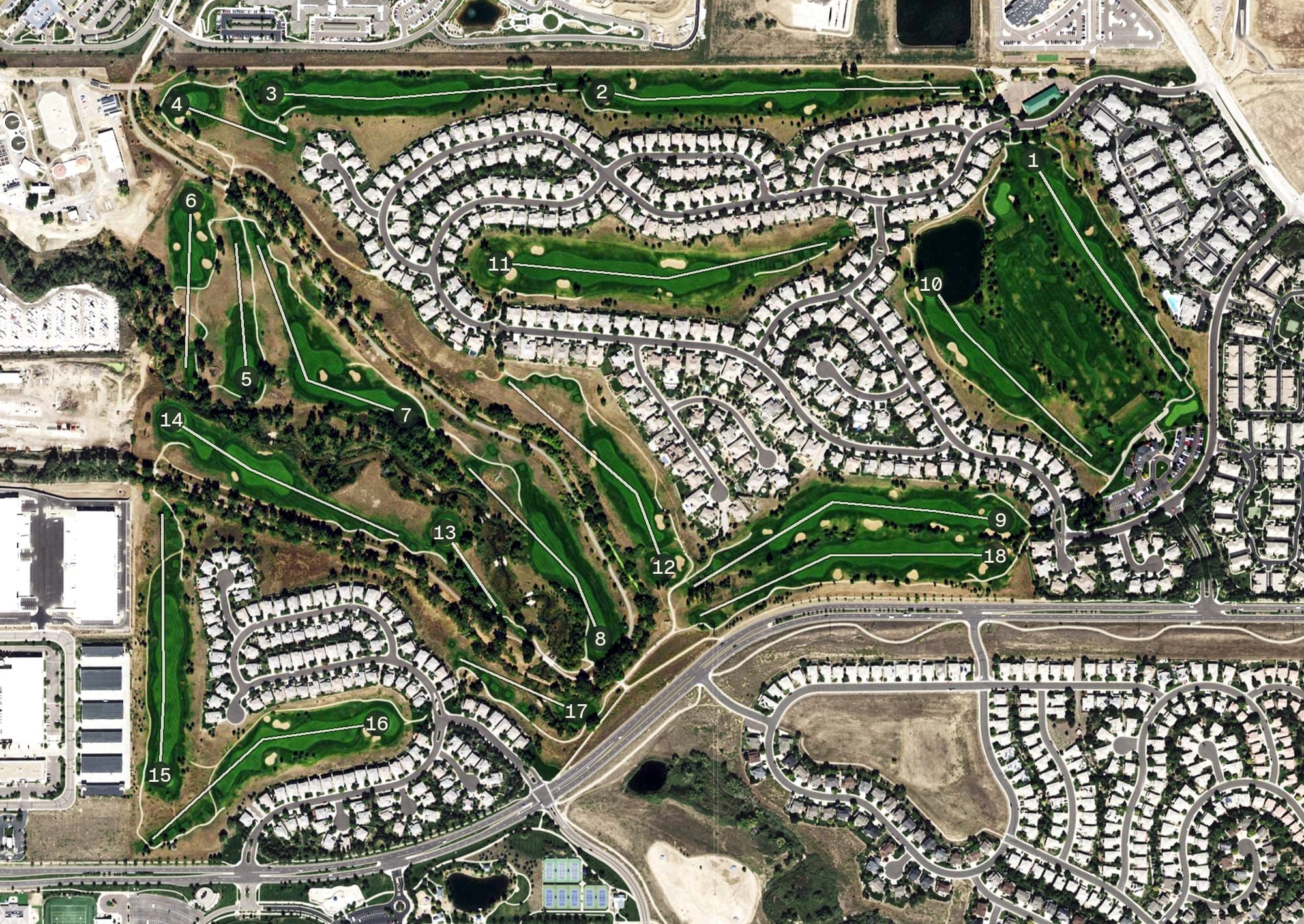 Aerial view of Highlands Ranch Golf Club, CO, with its hole routing marked
