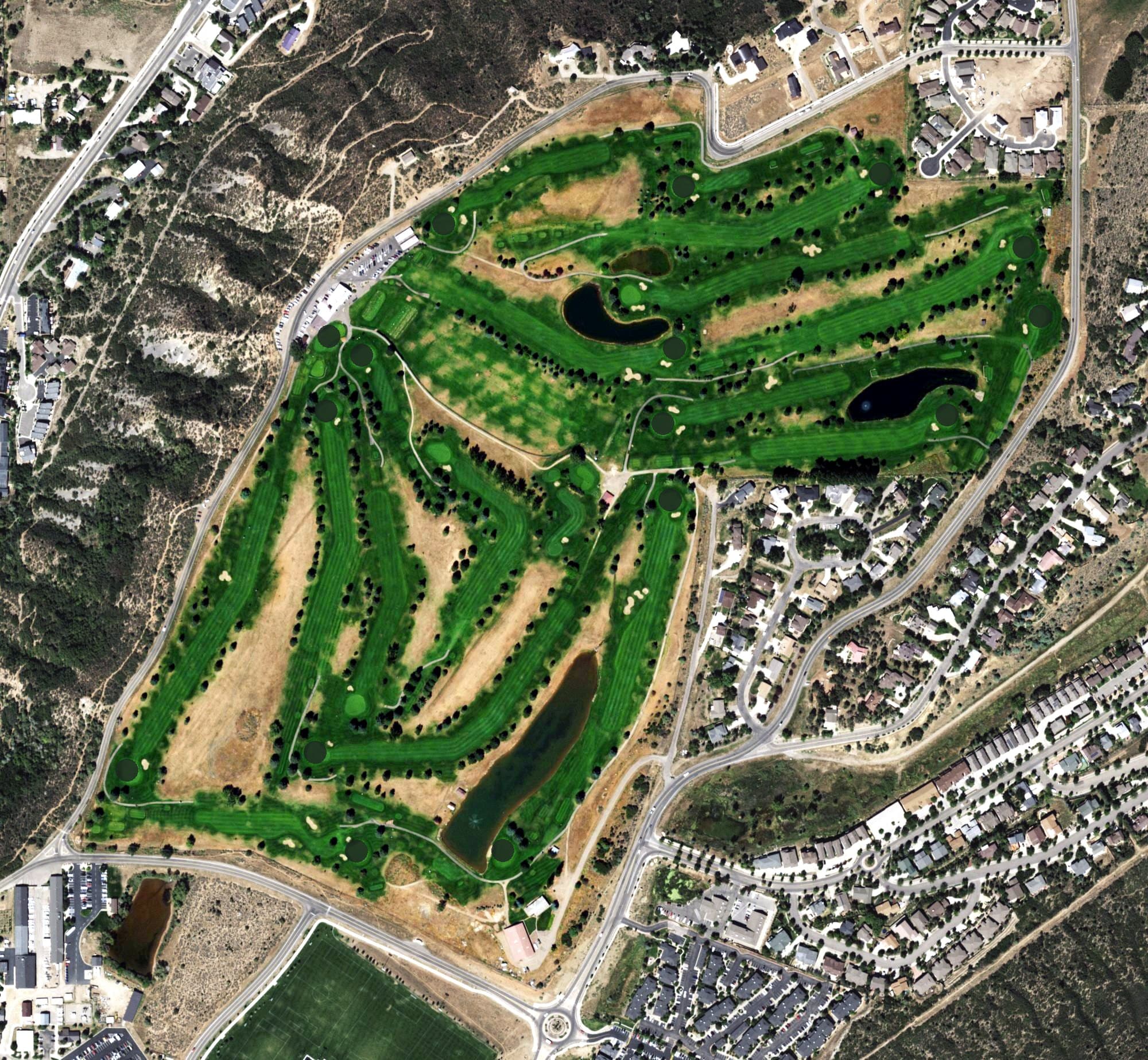 Aerial view of Hillcrest Golf Club, CO, with its hole routing marked