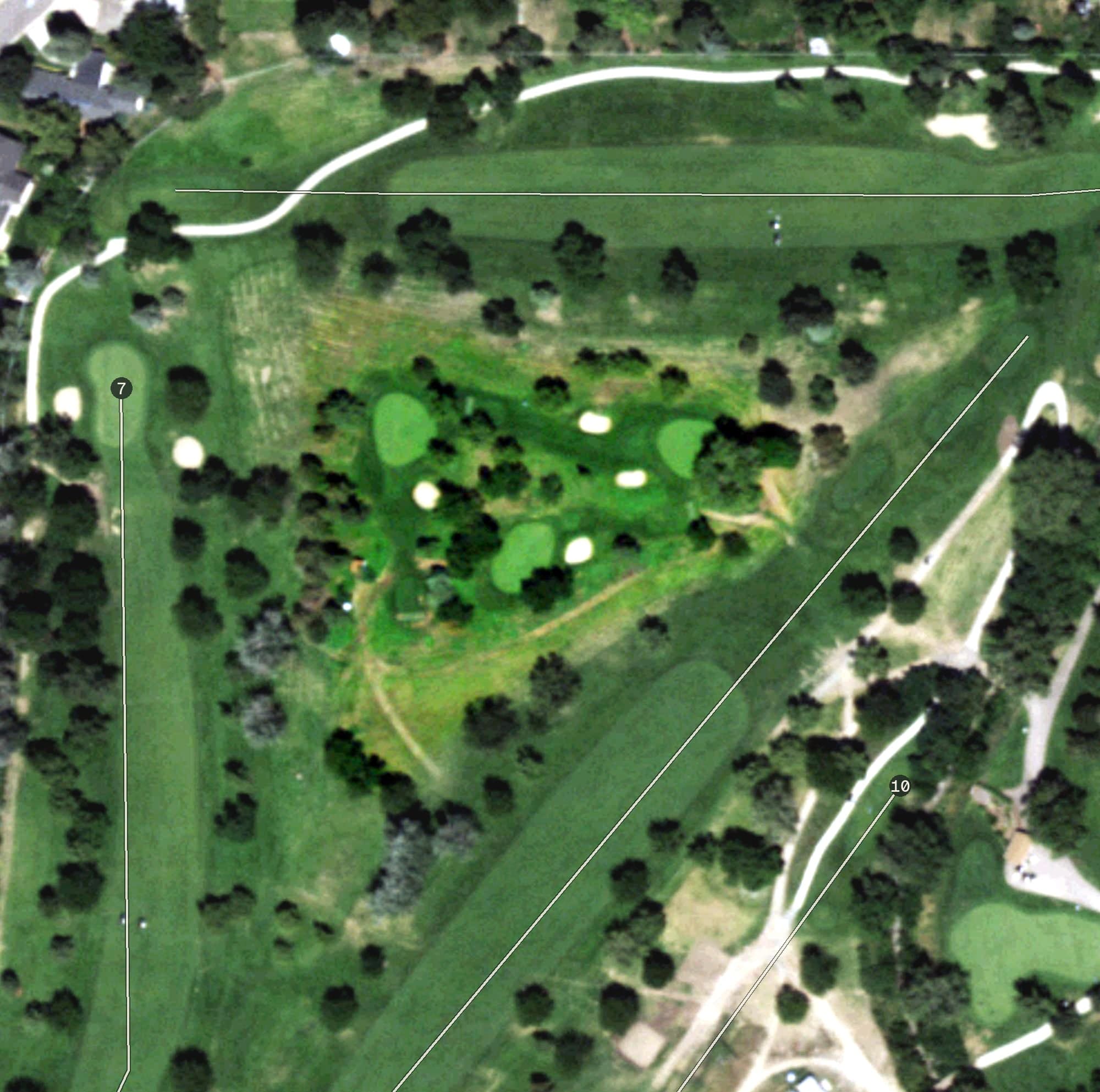 Aerial view of Hogan's Alley Junior Course, CO, with its hole routing marked