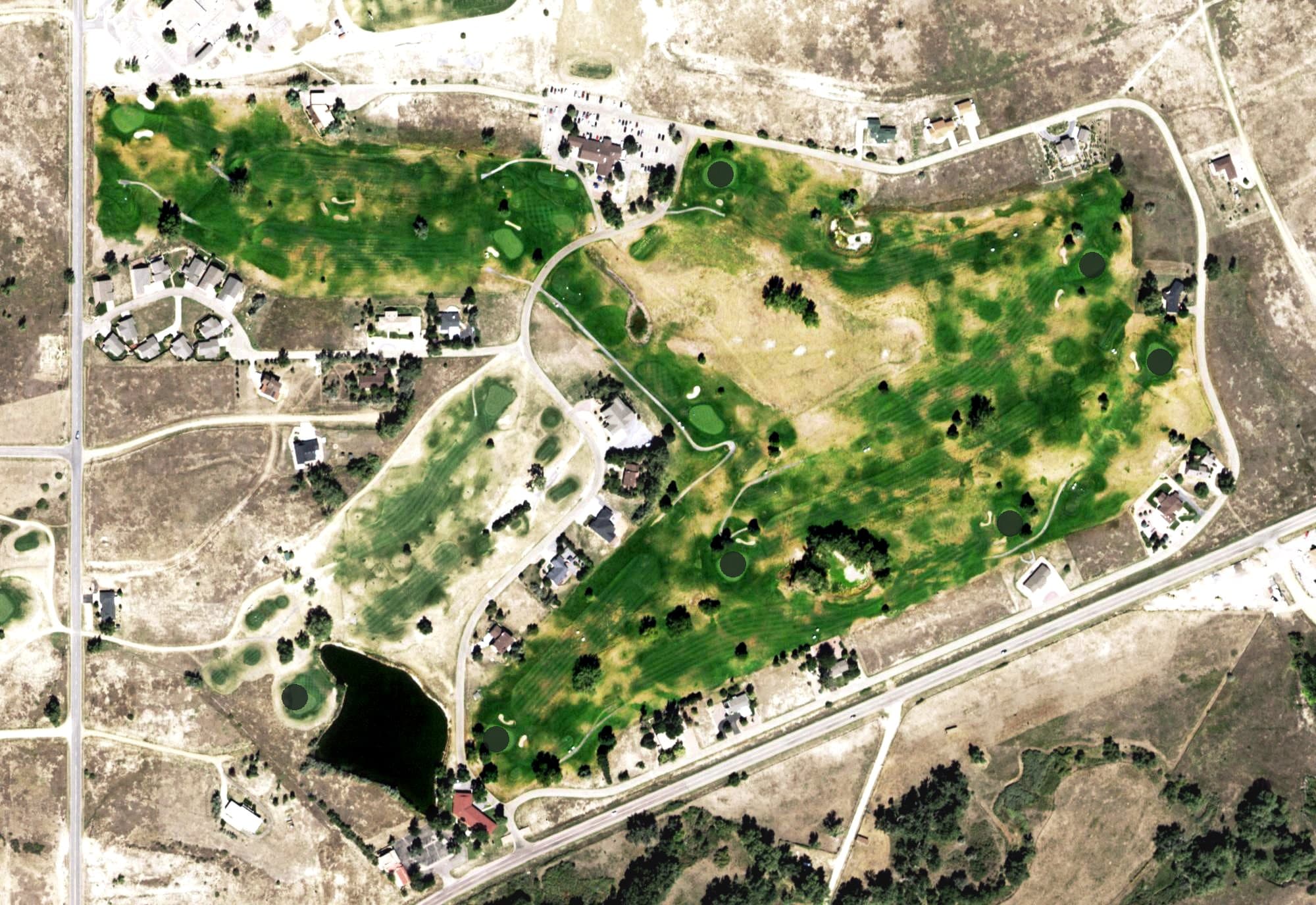 Aerial view of Hollydot Golf Course, CO, with its hole routing marked