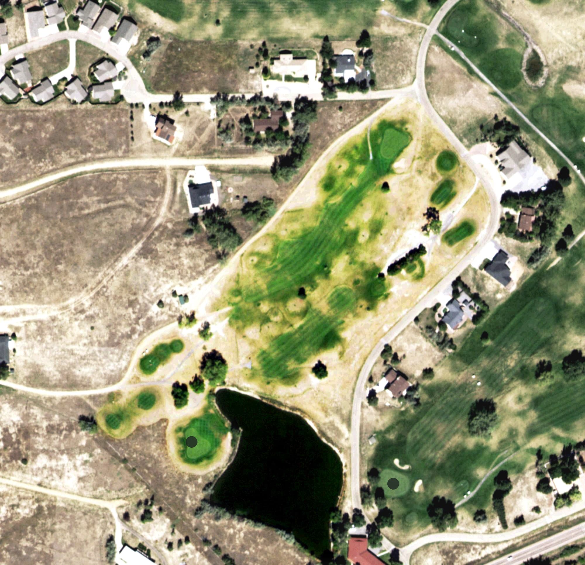 Aerial view of Hollydot Golf Course, CO, with its hole routing marked