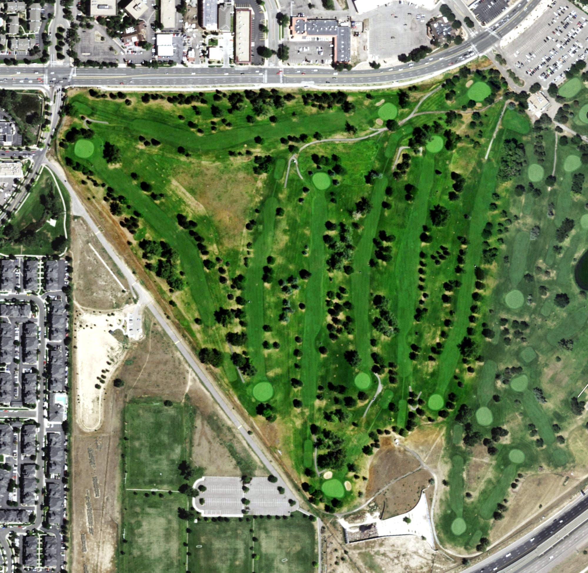Aerial view of Kennedy 9-Hole Regulation Course, CO, with its hole routing marked