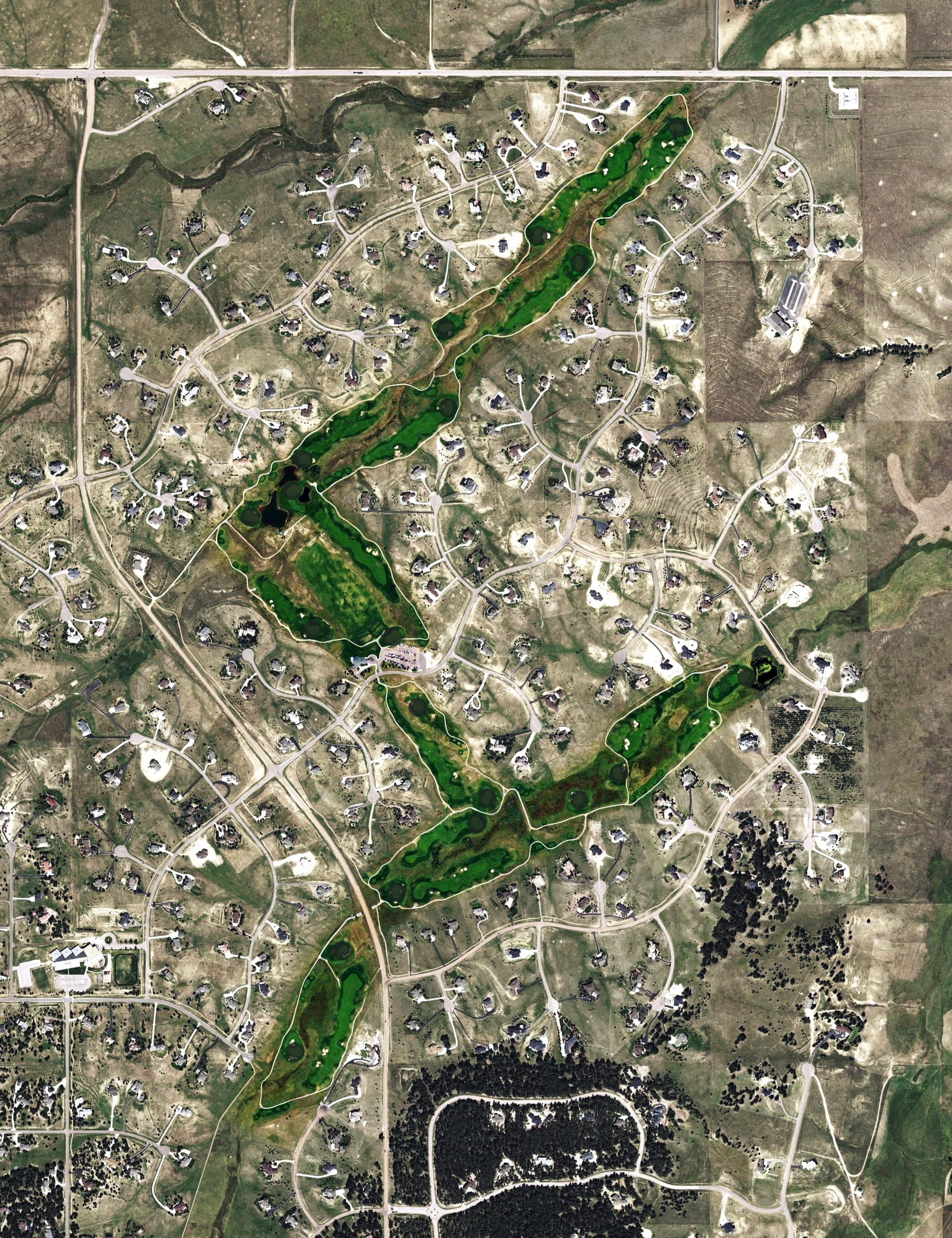 Aerial view of King's Deer Golf Course, CO, with its hole routing marked