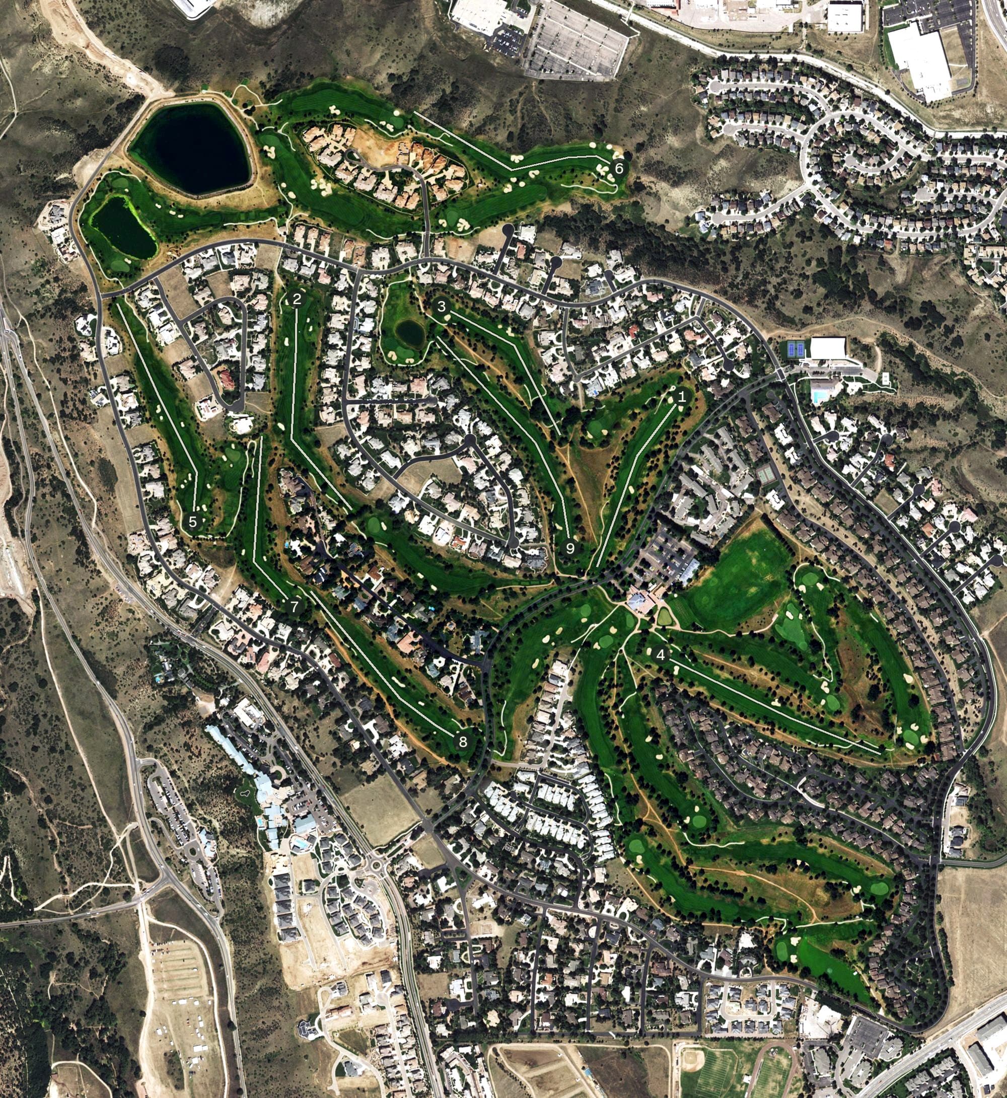 Aerial view of Kissing Camels at Garden of the Gods Club, CO, with its hole routing marked