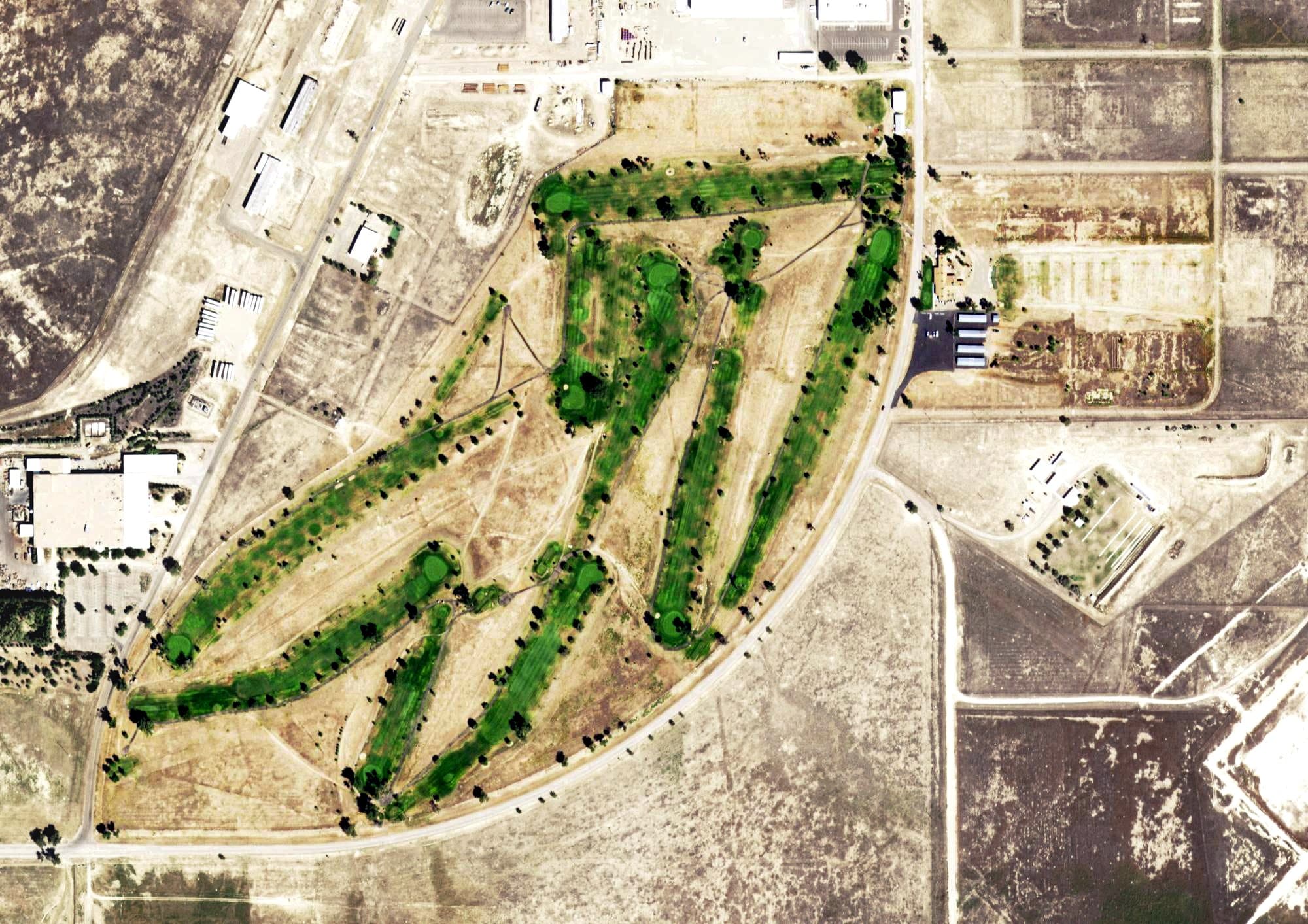 Aerial view of La Junta Golf Club, CO, with its hole routing marked