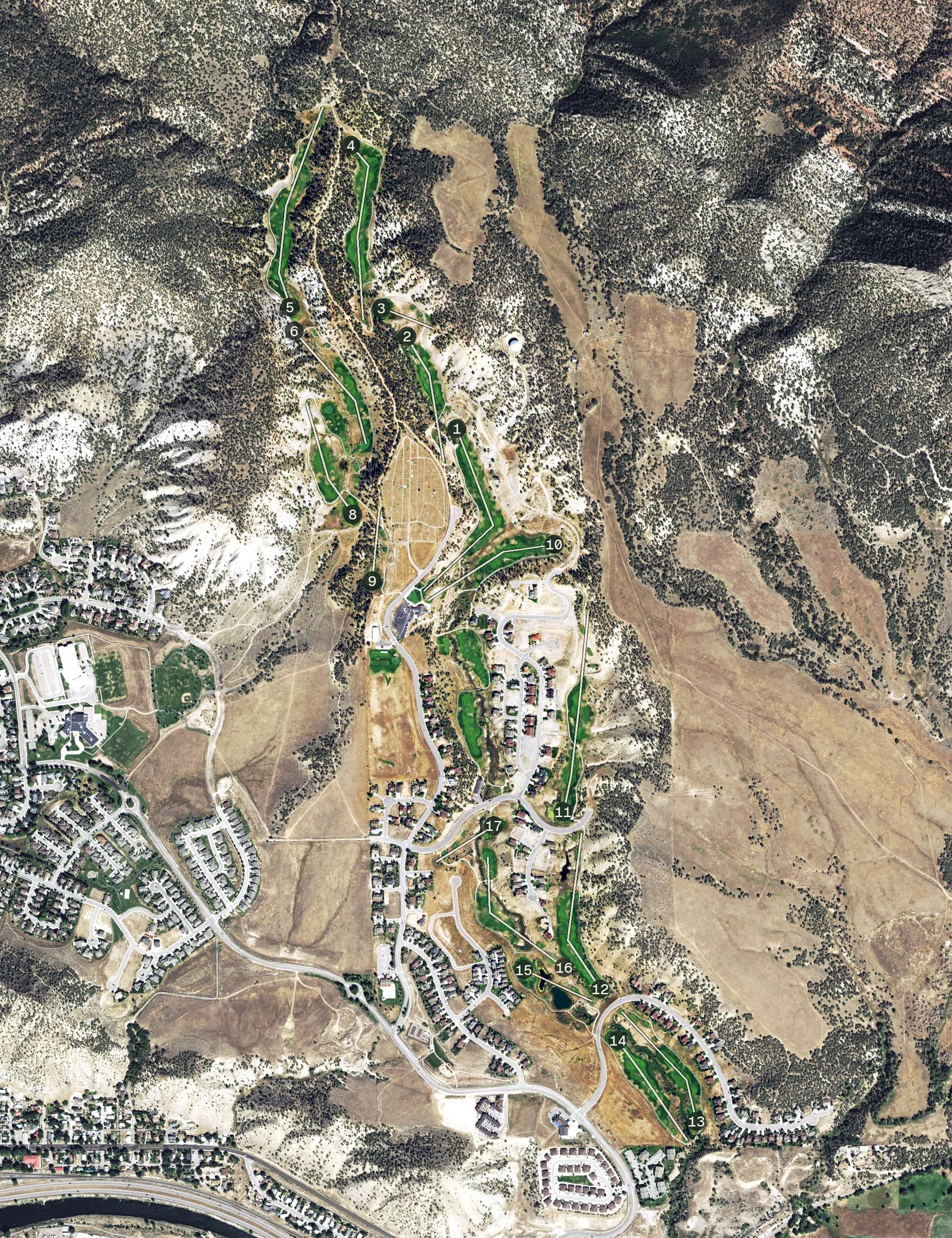 Aerial view of Lakota Links Golf Course, CO, with its hole routing marked