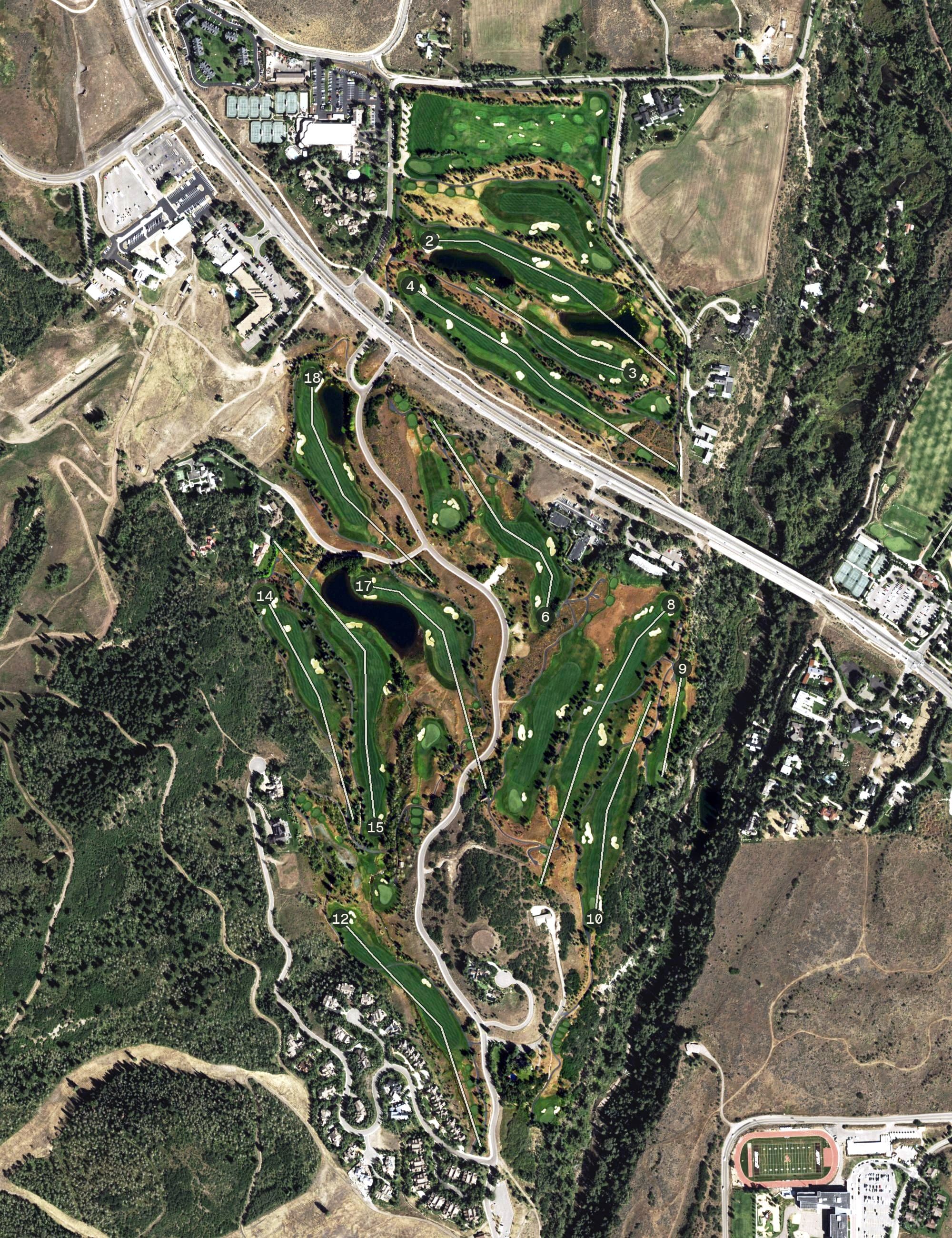 Aerial view of Maroon Creek Club, CO, with its hole routing marked