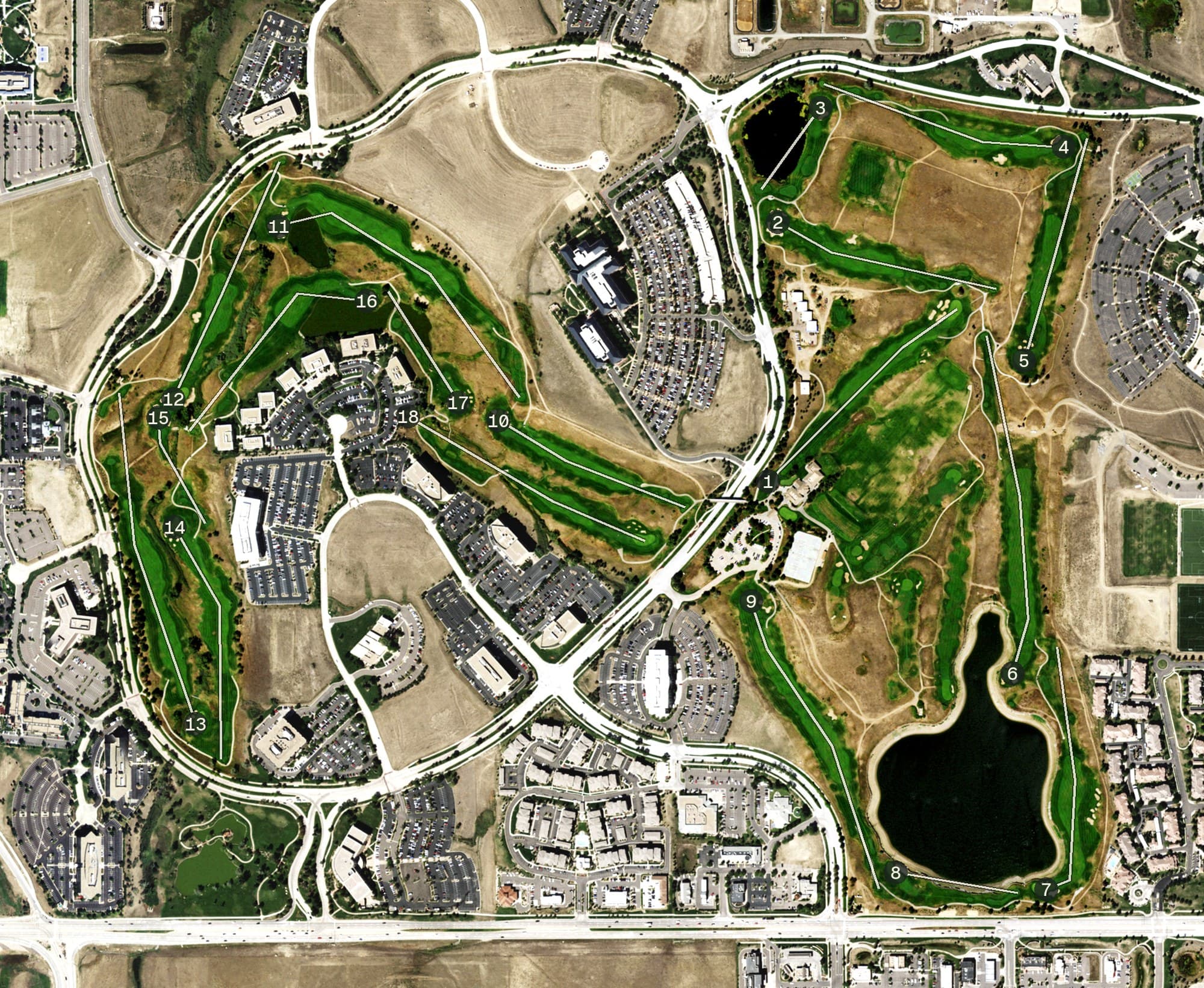 Aerial view of Meridian Golf Club, CO, with its hole routing marked
