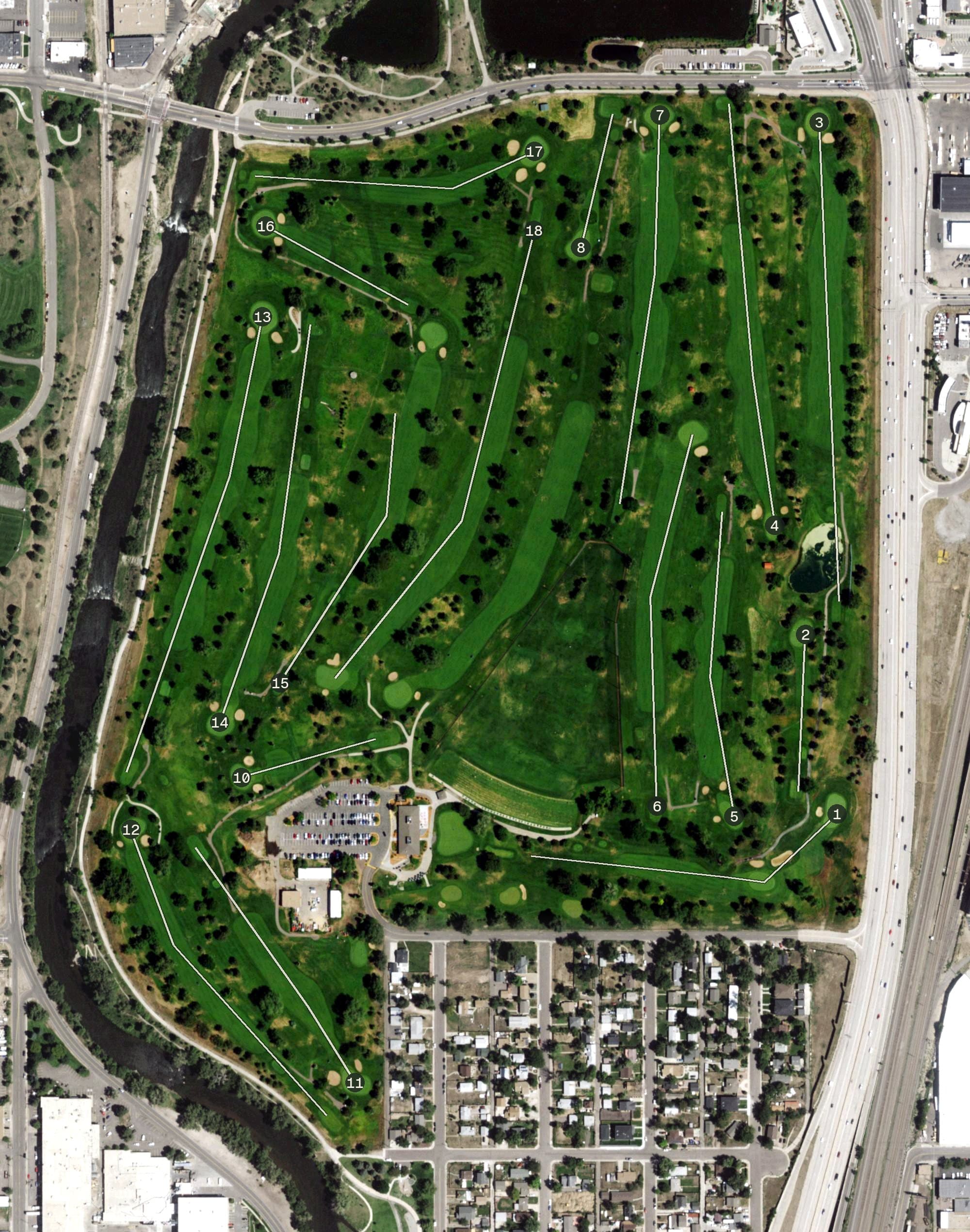 Aerial view of Overland Golf Course, CO, with its hole routing marked