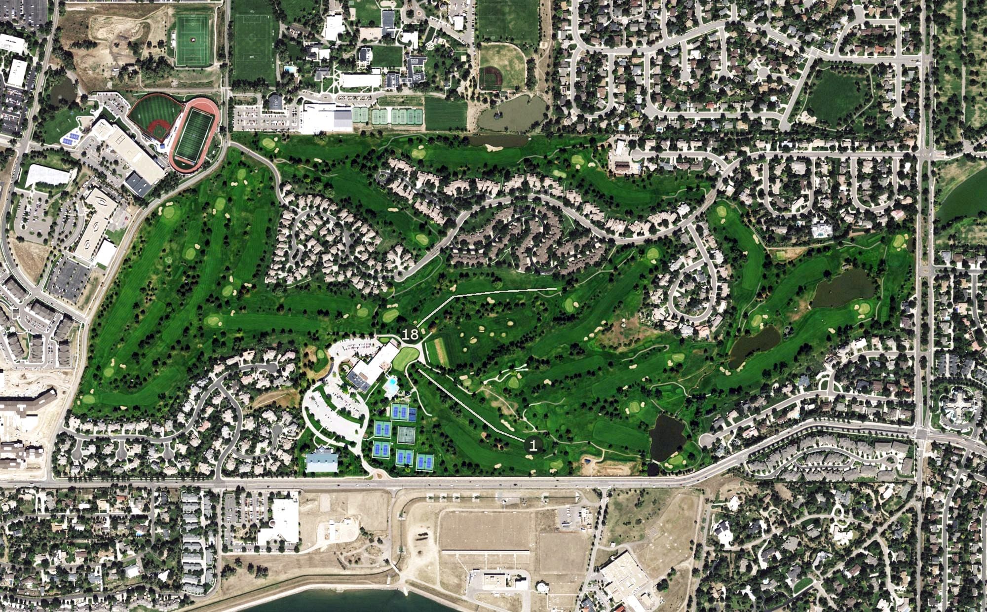 Aerial view of Pinehurst Country Club, CO, with its hole routing marked