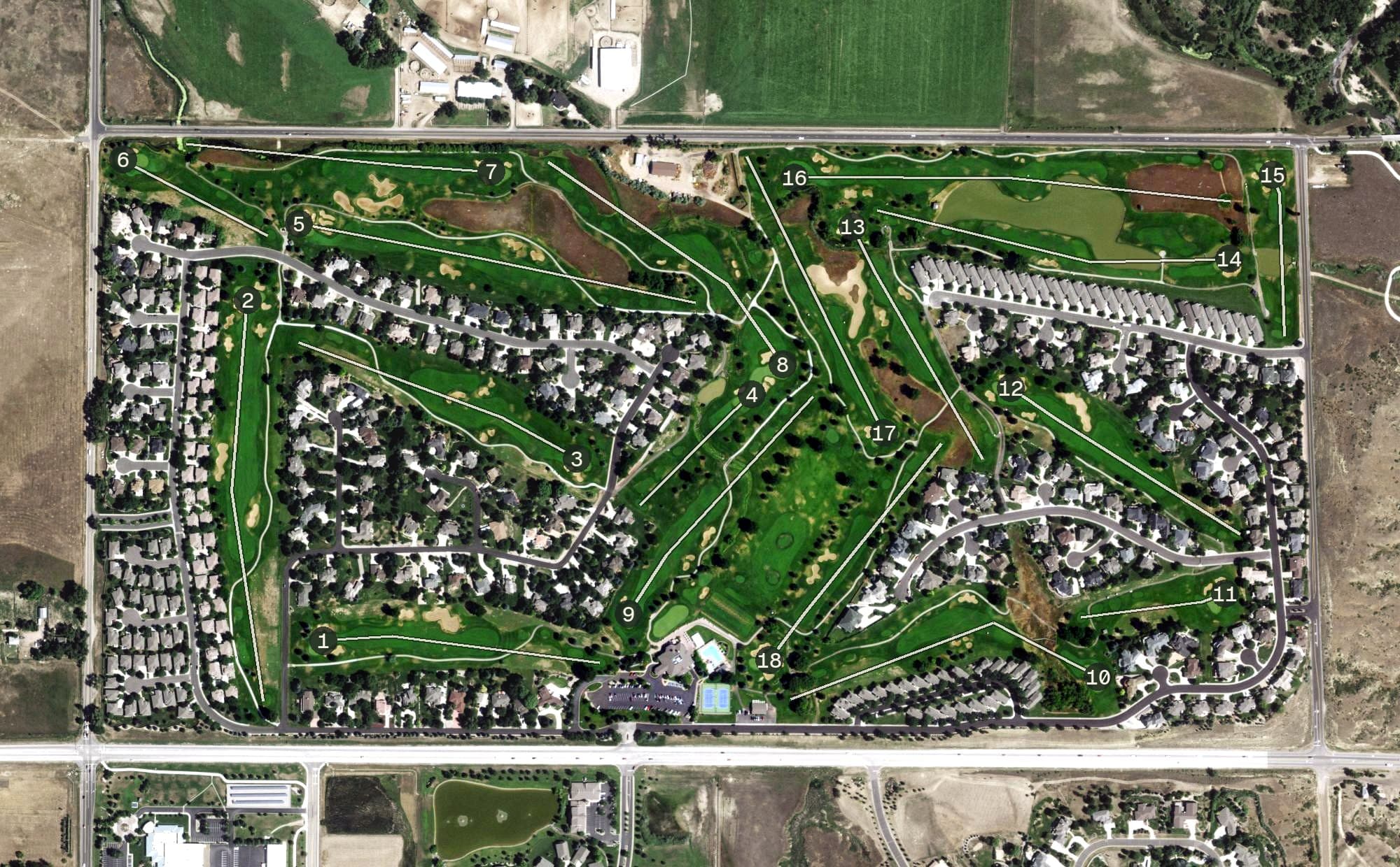 Aerial view of Ptarmigan Country Club, CO, with its hole routing marked