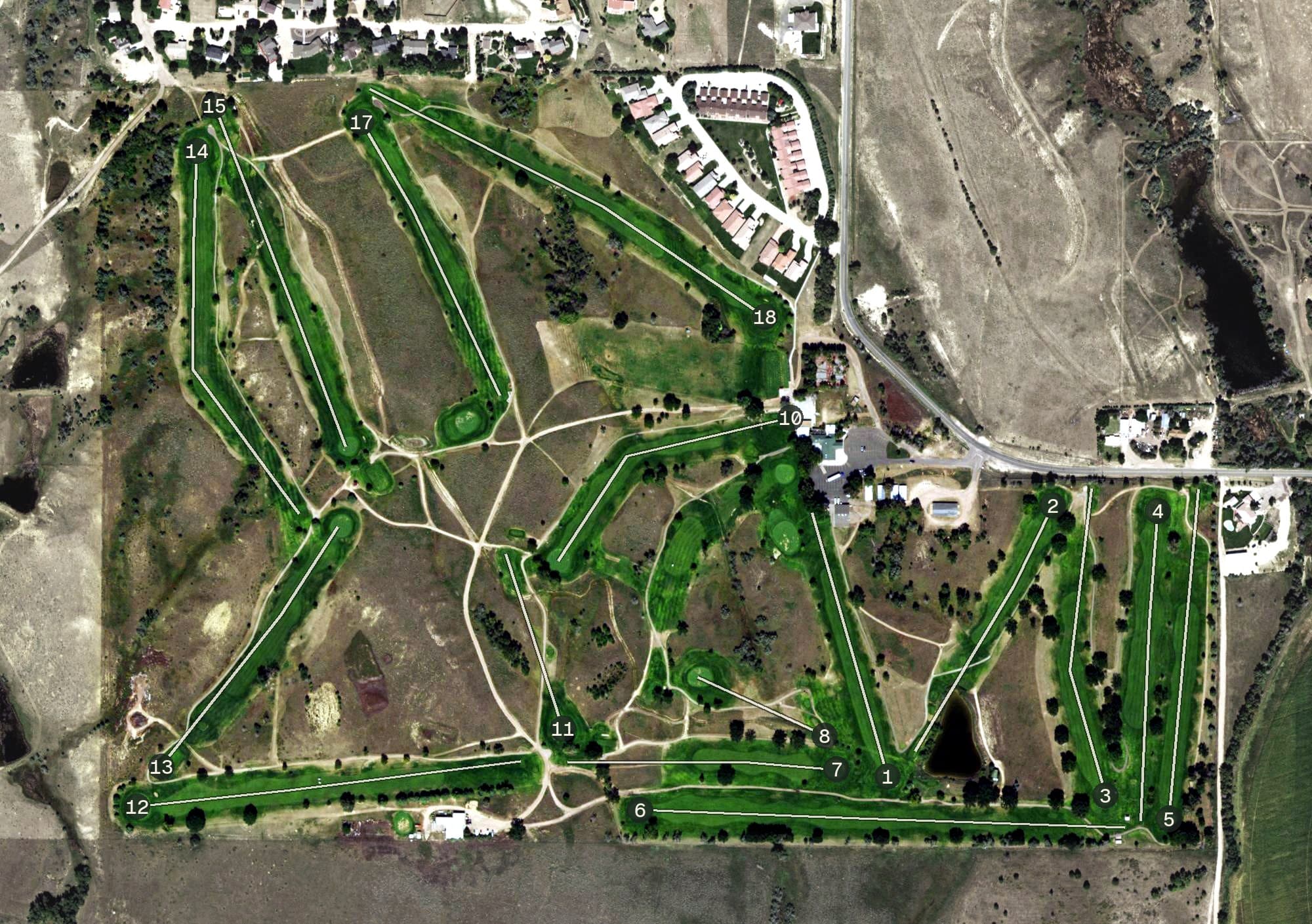 Aerial view of Quail Dunes Golf Course, CO, with its hole routing marked