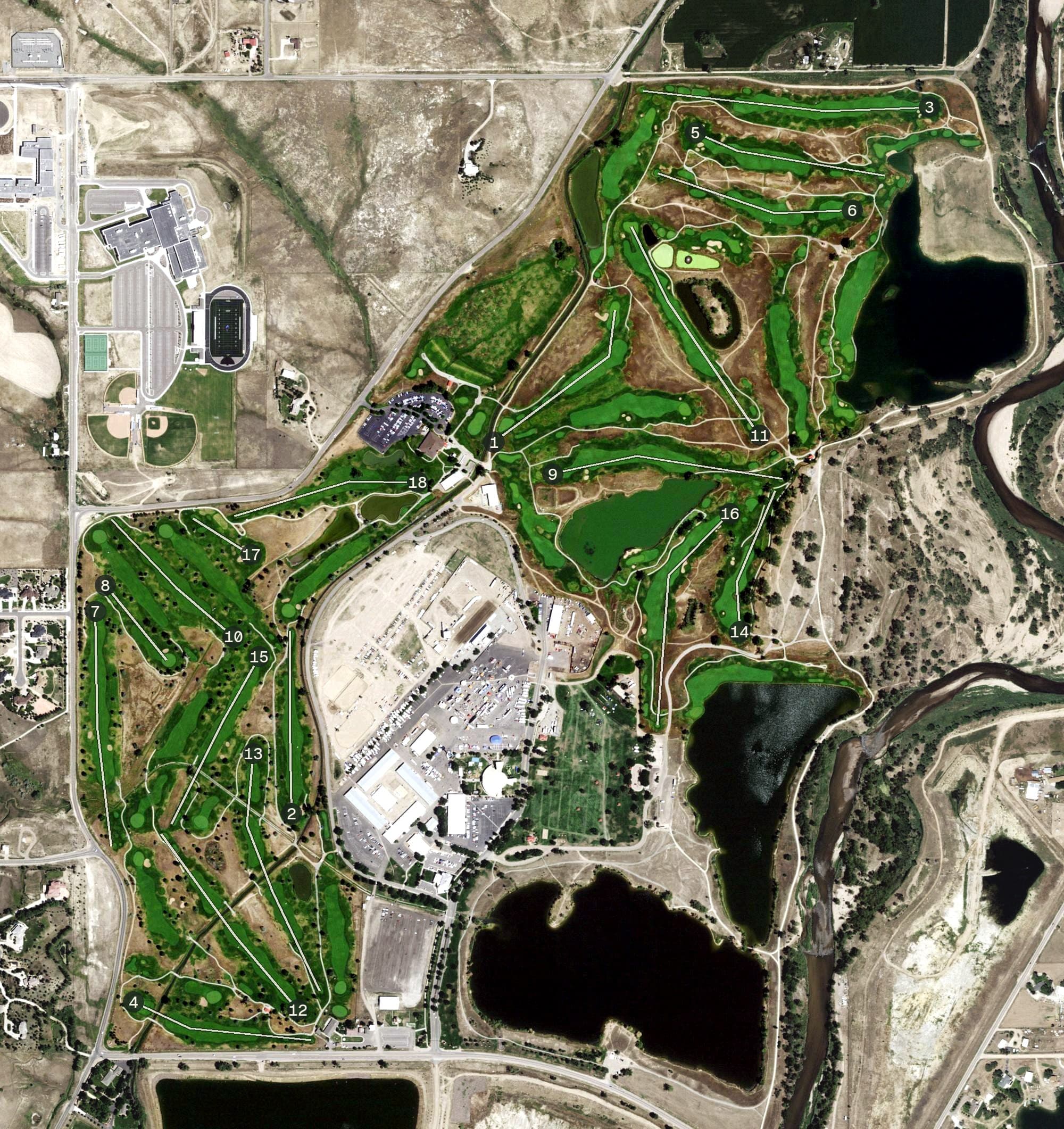 Aerial view of Riverdale Dunes & Knolls GC, CO, with its hole routing marked