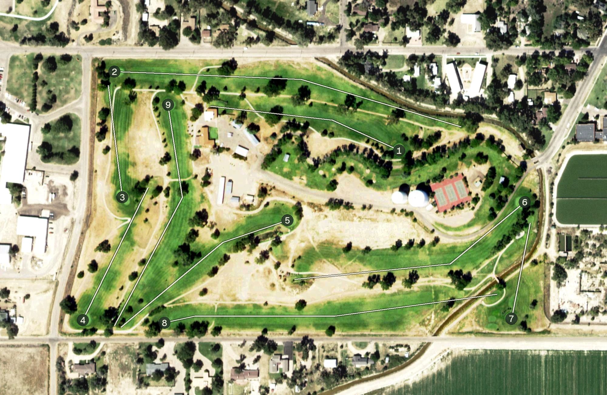 Aerial view of Rocky Ford Golf Course, CO, with its hole routing marked
