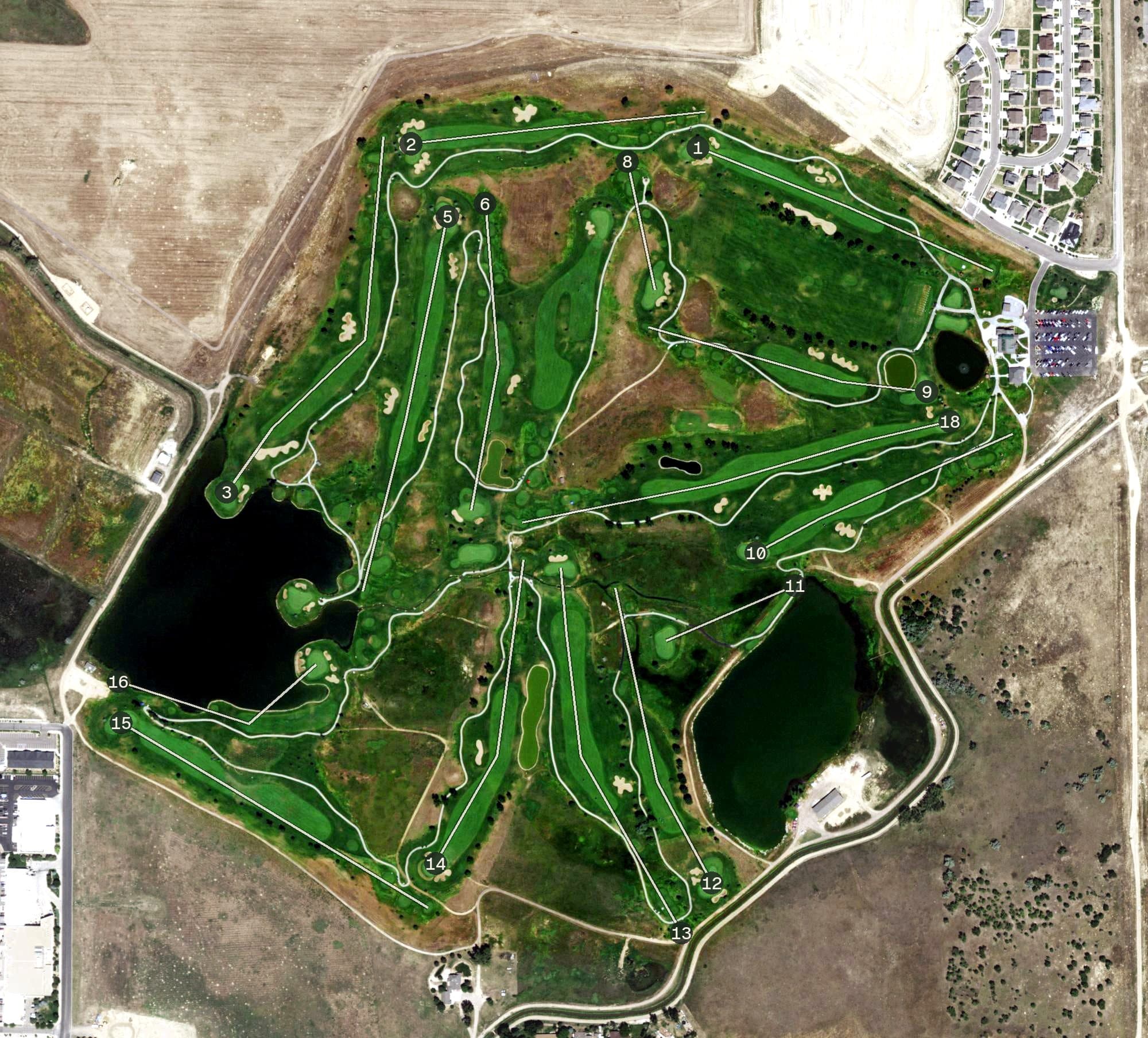 Aerial view of Saddleback Golf Course, CO, with its hole routing marked