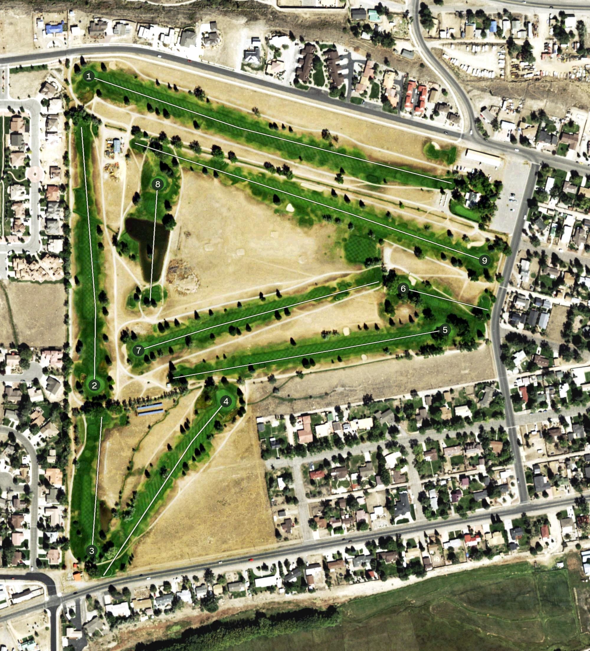 Aerial view of Salida Golf Club, CO, with its hole routing marked