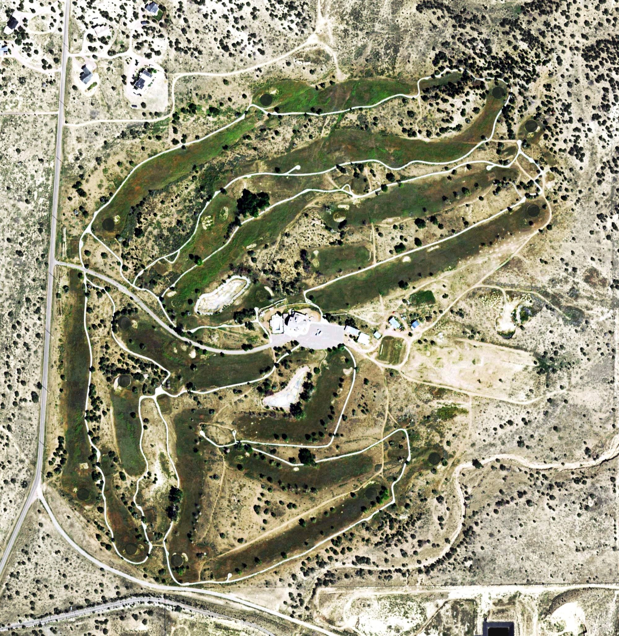 Aerial view of Shadow Hills Golf & Events Center, CO, with its hole routing marked
