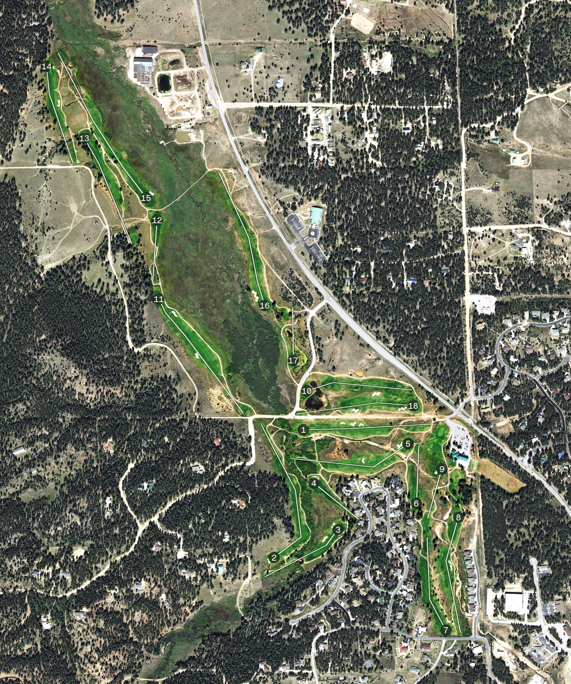 Aerial view of Shining Mountain Golf Club, CO, with its hole routing marked