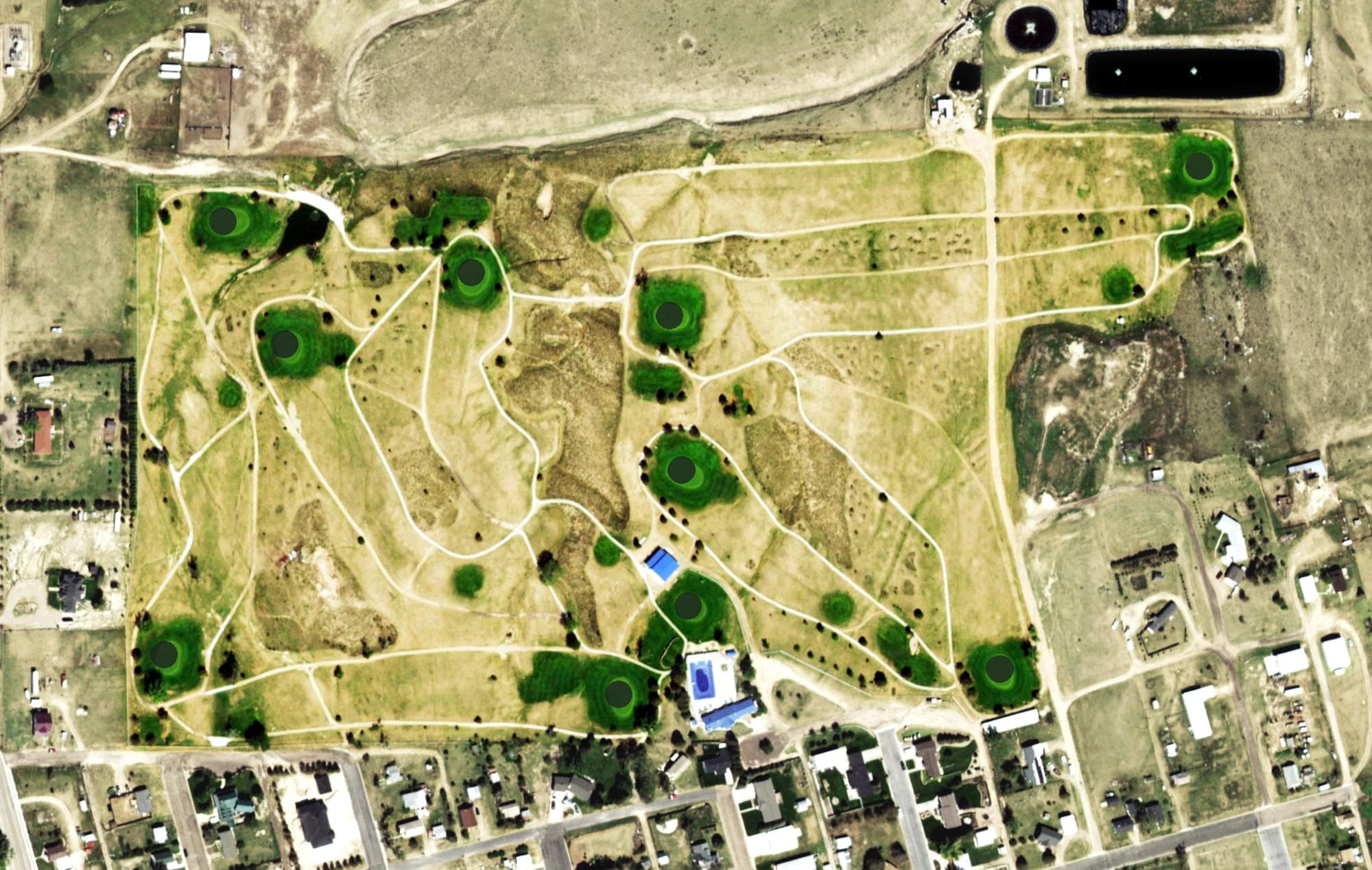 Aerial view of Smoky River Golf Course, CO, with its hole routing marked