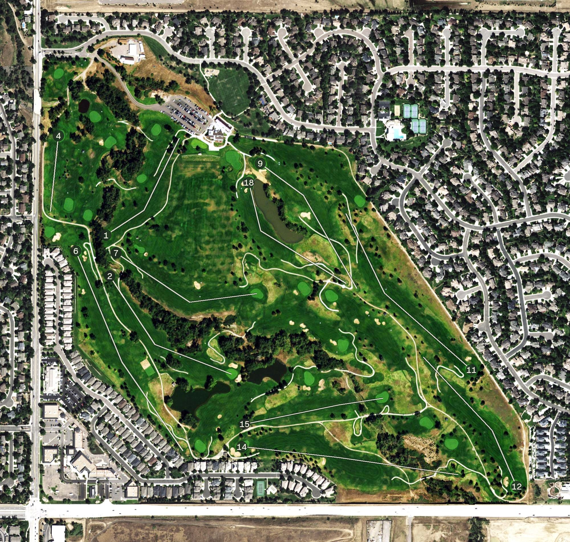 Aerial view of South Suburban, CO, with its hole routing marked
