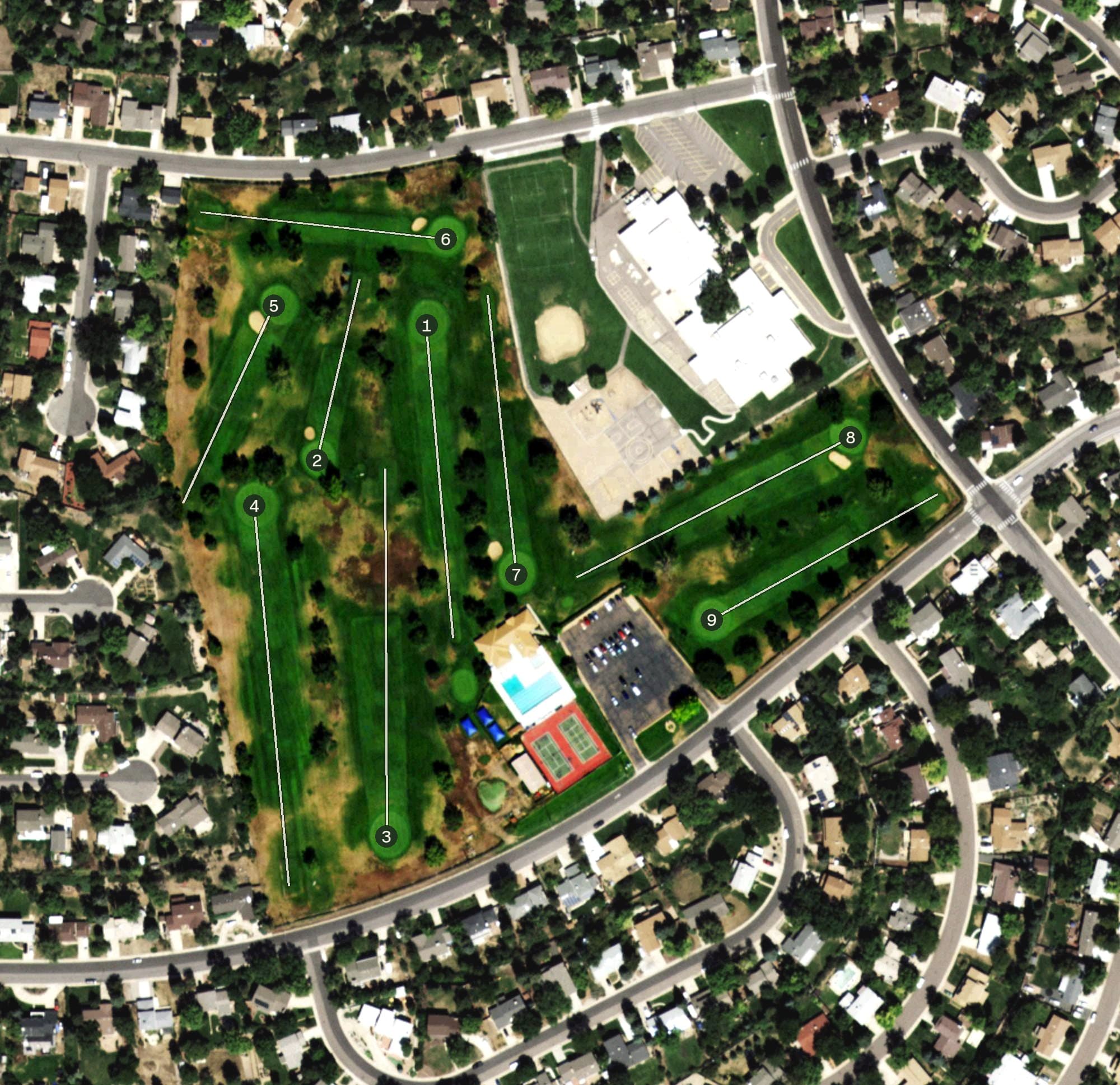 Aerial view of Southglenn Country Club, CO, with its hole routing marked