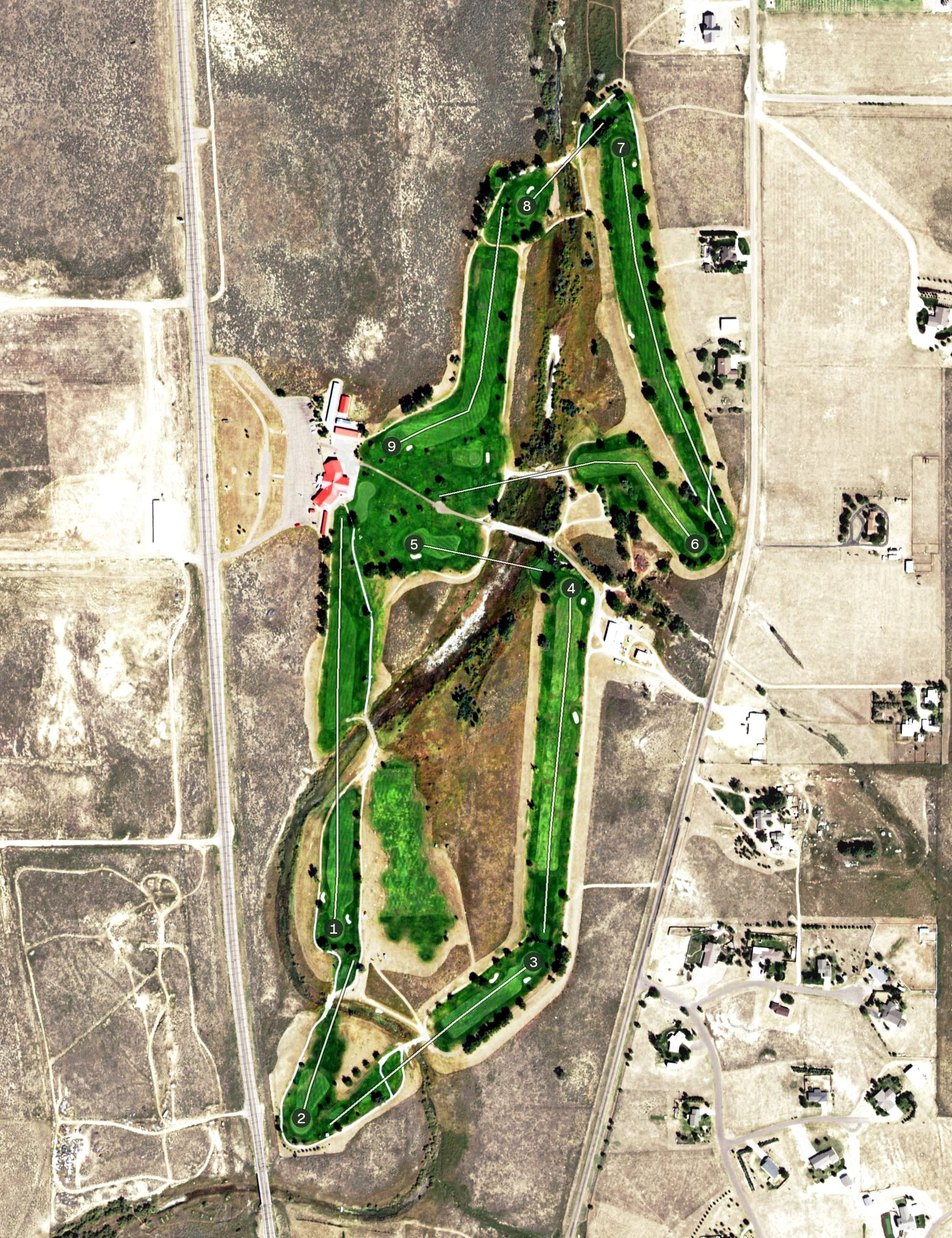 Aerial view of Spreading Antlers﻿ Golf Course, CO, with its hole routing marked