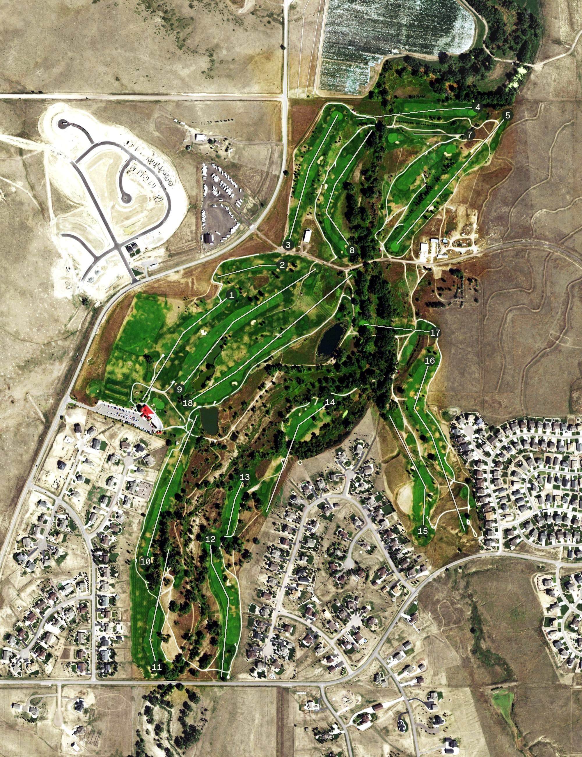 Aerial view of Spring Valley Golf Club, CO, with its hole routing marked