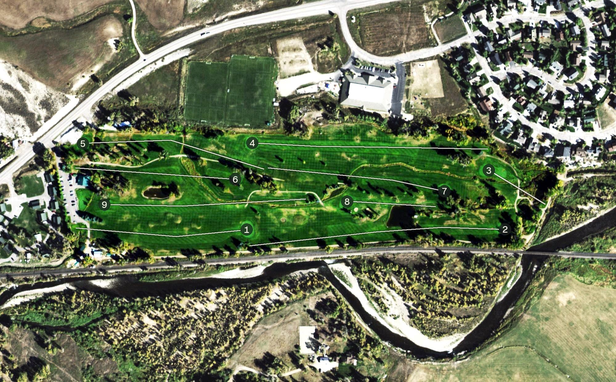 Aerial view of Steamboat Golf Club, CO, with its hole routing marked