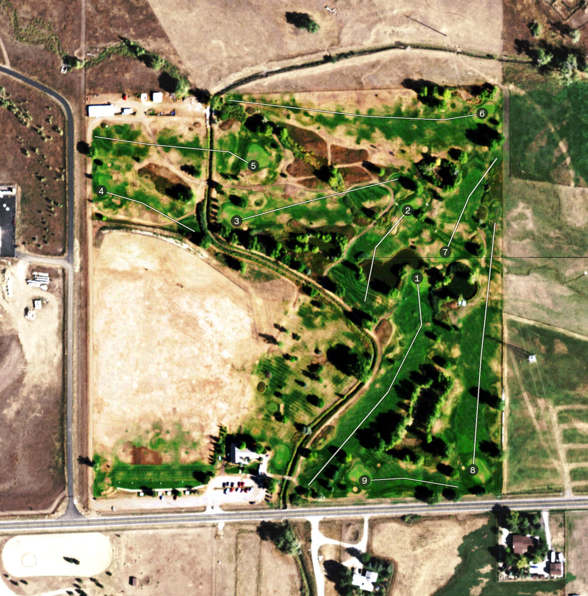 Aerial view of Stoney Creek Golf Course, CO, with its hole routing marked