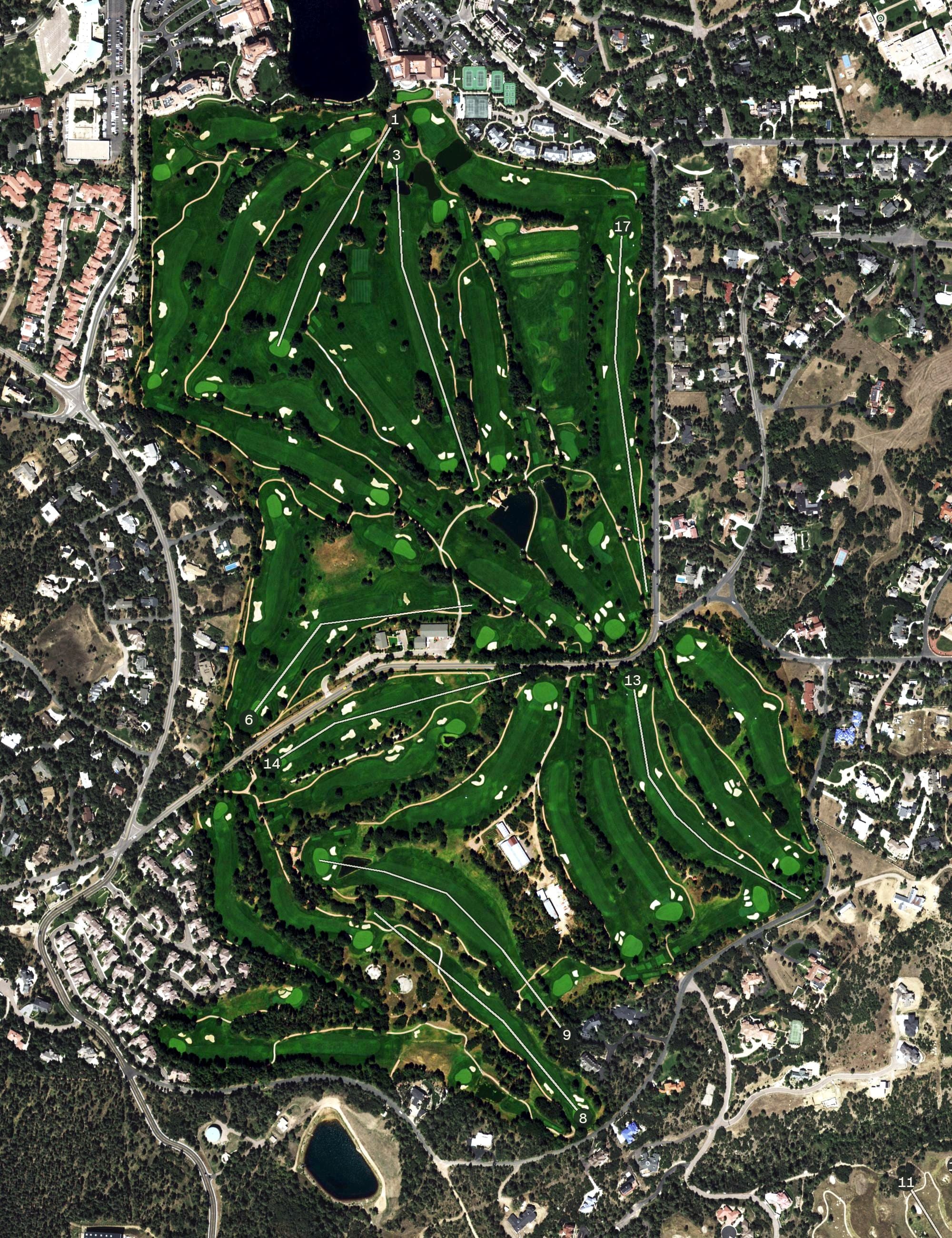 Aerial view of The Broadmoor Golf Courses, CO, with its hole routing marked