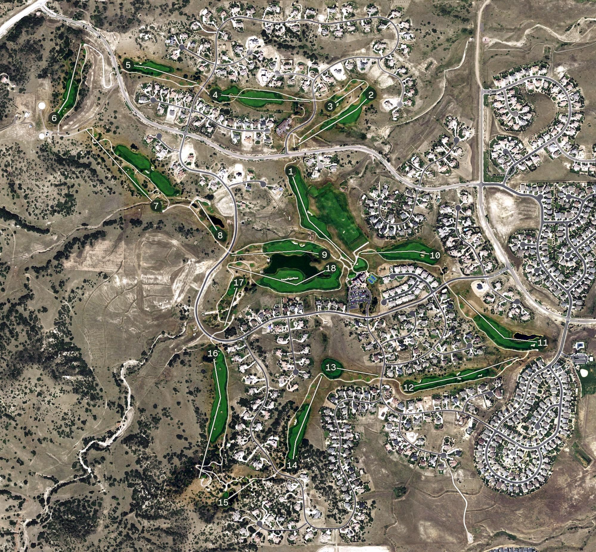 Aerial view of The Club at Pradera, CO, with its hole routing marked