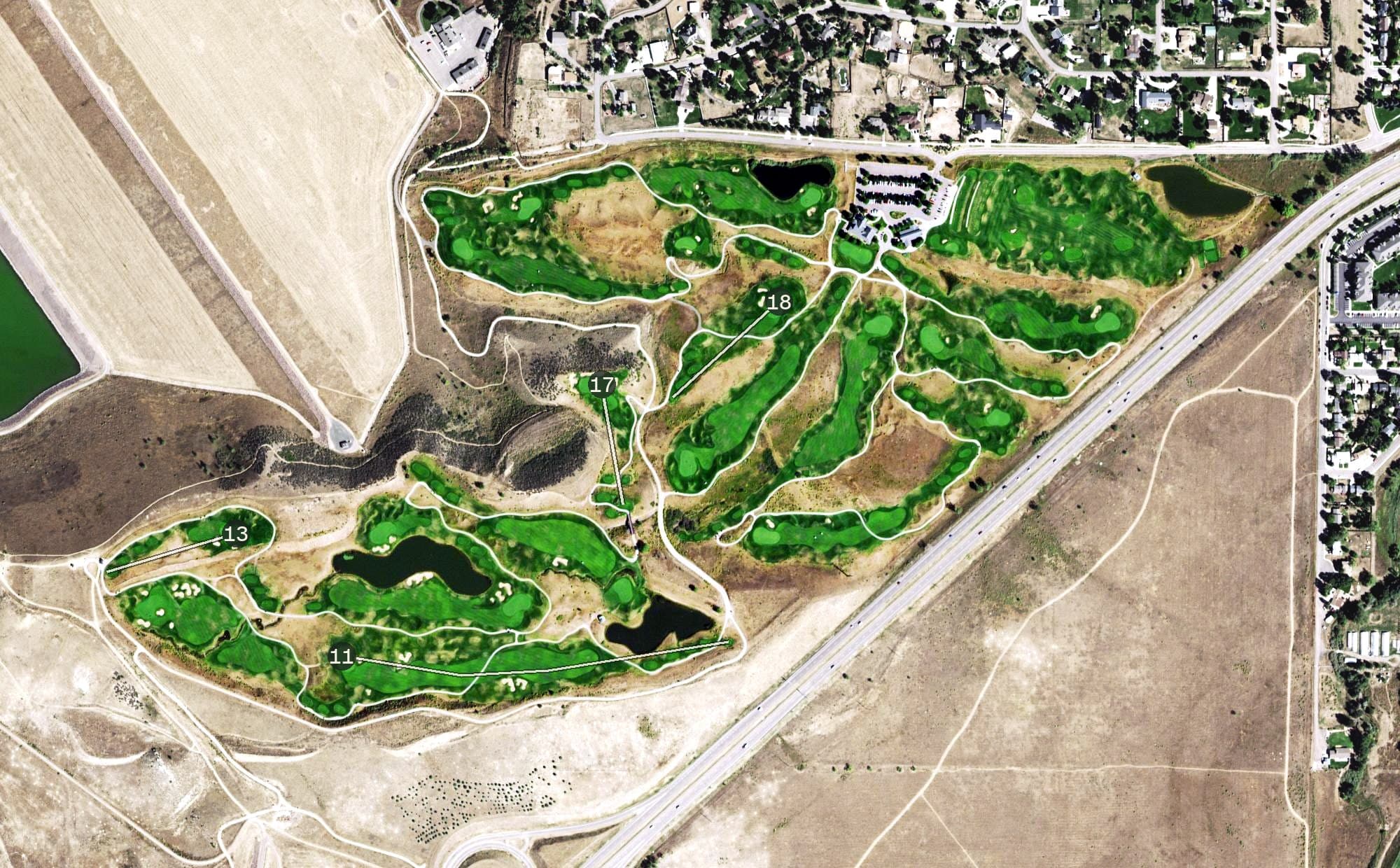 Aerial view of The Homestead Golf Course, CO, with its hole routing marked