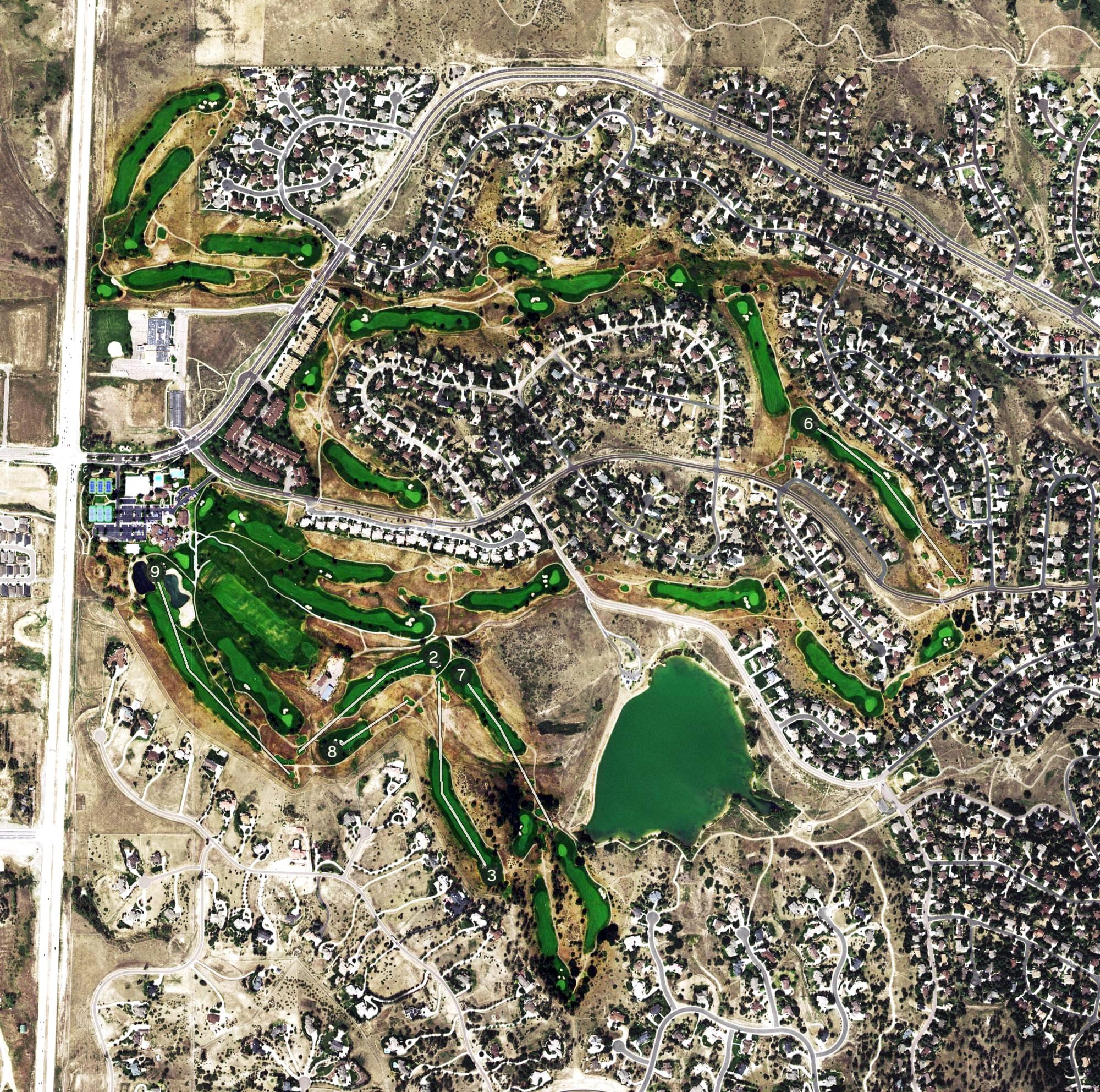Aerial view of The Pinery Country Club, CO, with its hole routing marked