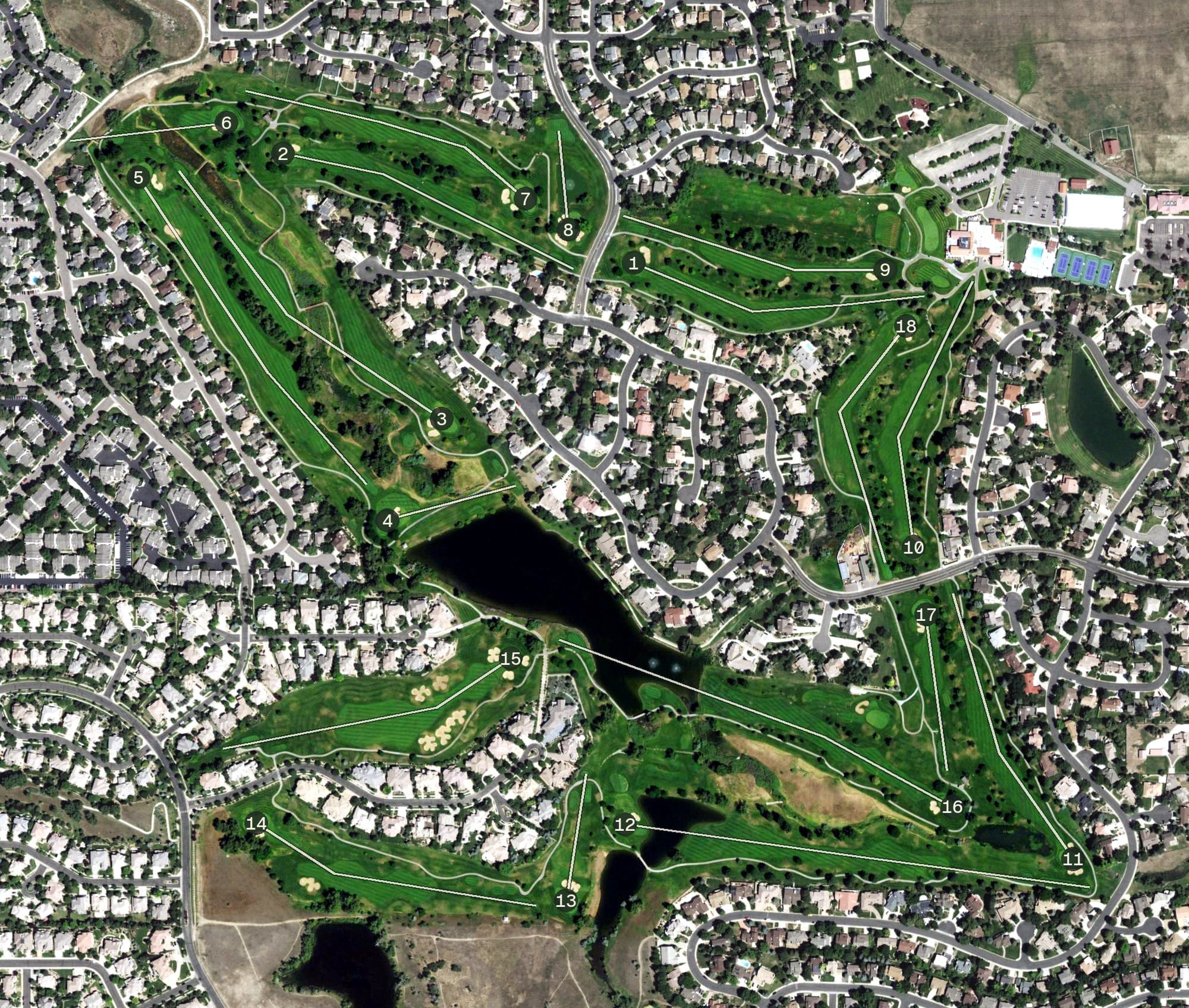 Aerial view of The Ranch Country Club, CO, with its hole routing marked