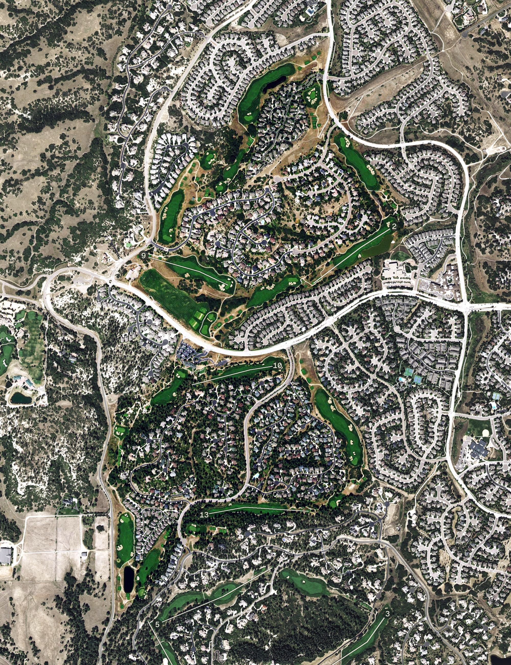 Aerial view of The Ridge at Castle Pines, CO, with its hole routing marked