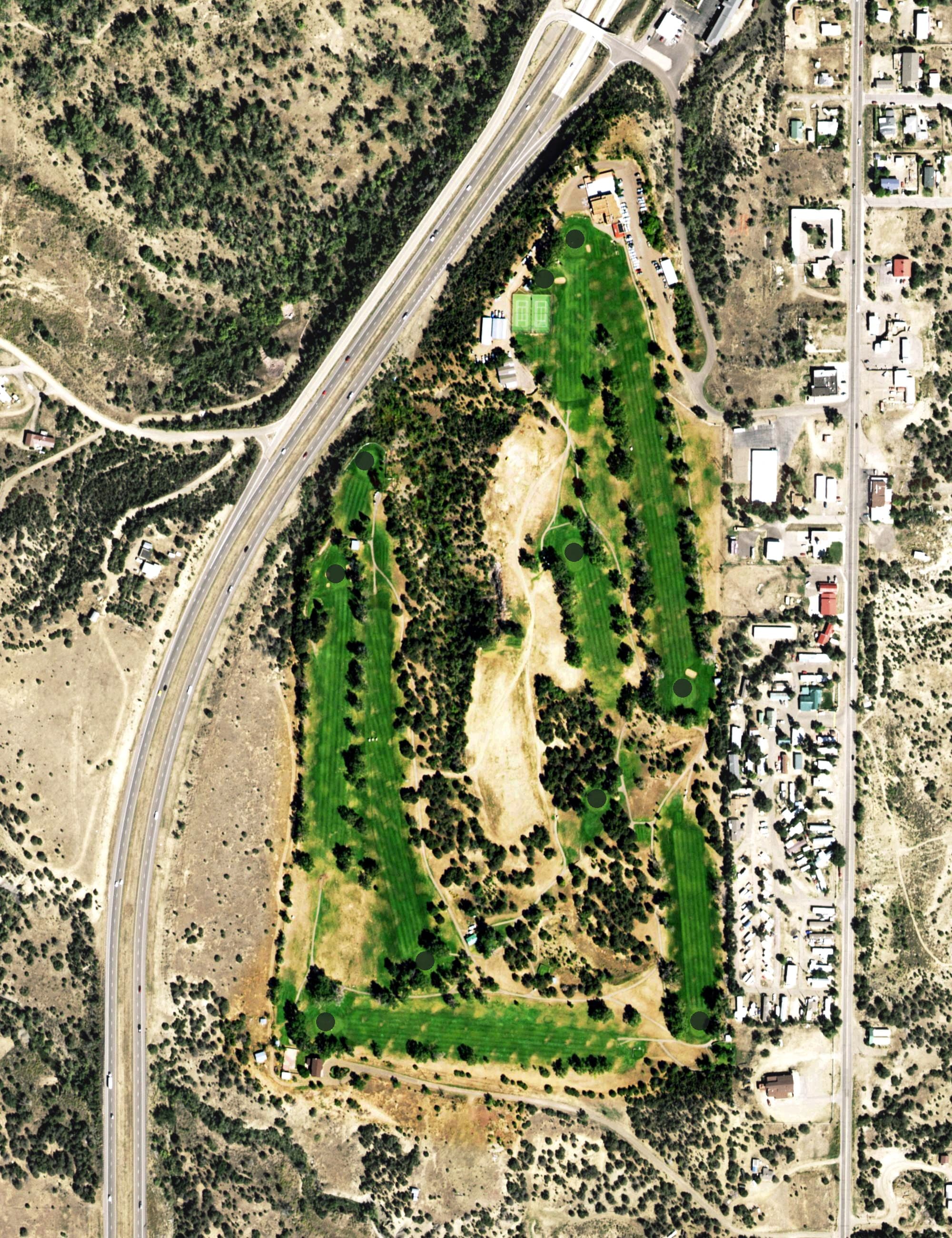 Aerial view of Trinidad Country Club, CO, with its hole routing marked