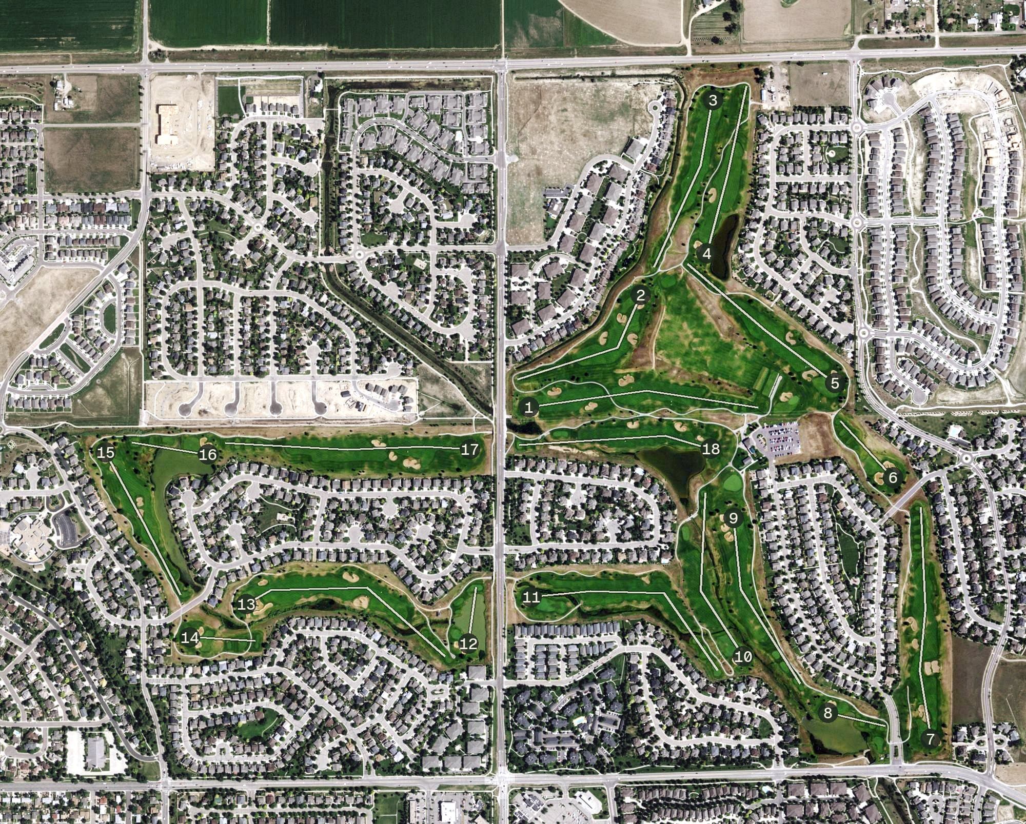 Aerial view of Ute Creek Golf Course, CO, with its hole routing marked